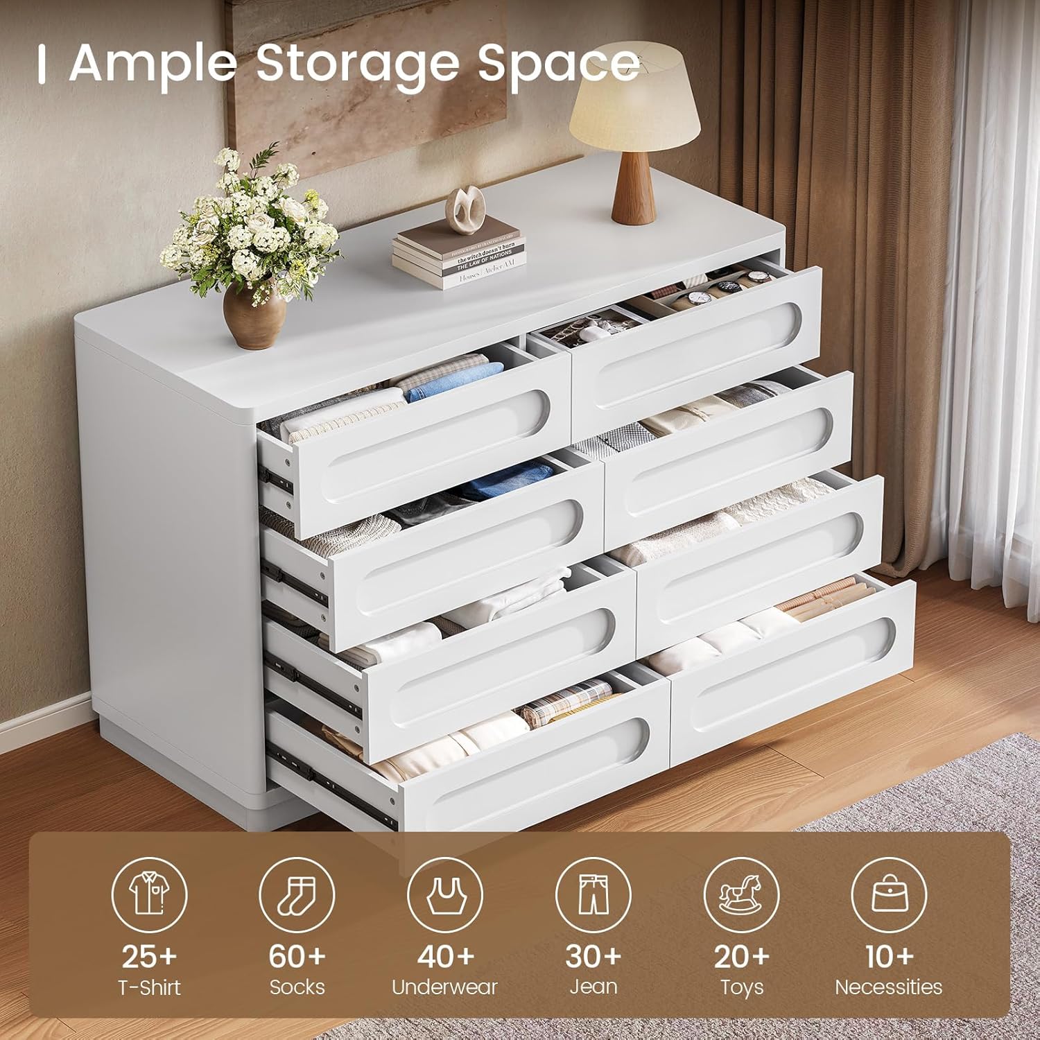 White Dresser for Bedroom with 8 Drawers, 47.2" Wide Dresser for Closet with Deep Drawer, Large Wood TV Stand, Modern Chest of Drawers for Bedroom, Hallway