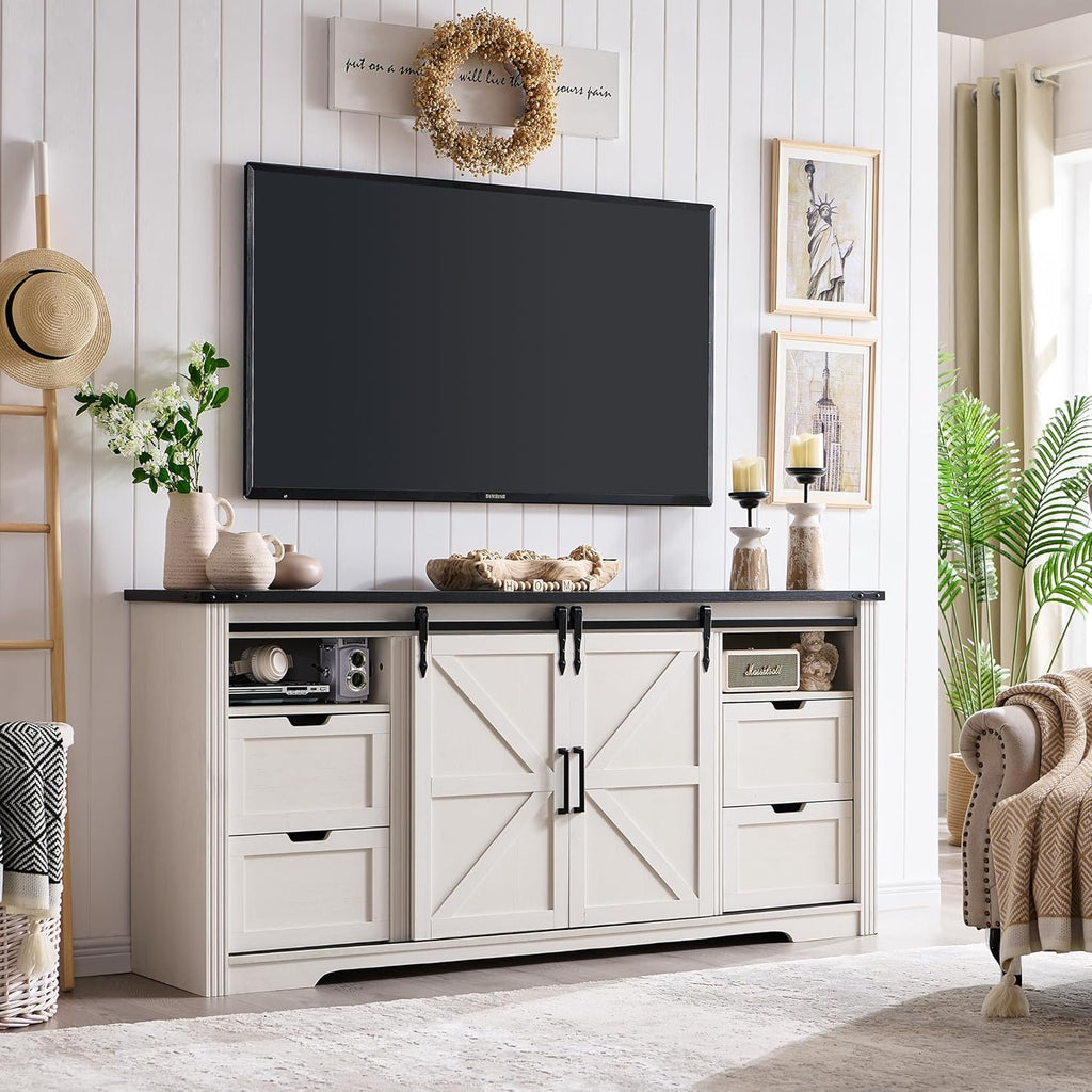 JXQTLINGMU Farmhouse Fireplace TV Stand for 75,80 Inch TV, 32" Tall Entertainment Center w/4 Drawers & Sliding Barn Door, 70-Inch Highboy Media Console for Living Room, Off White