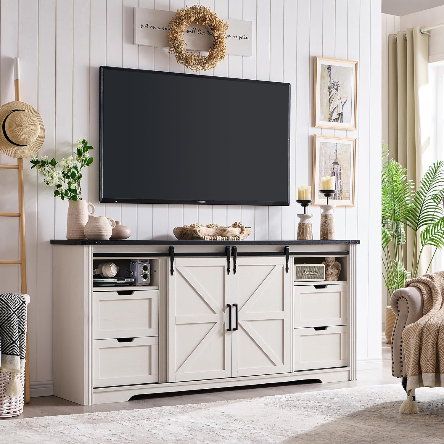 JXQTLINGMU Farmhouse Fireplace TV Stand for 80 Inch TV, 32" Tall Entertainment Center w/Drawer & Sliding Barn Door, 70 Inch Highboy Media Console for Living Room, Off White