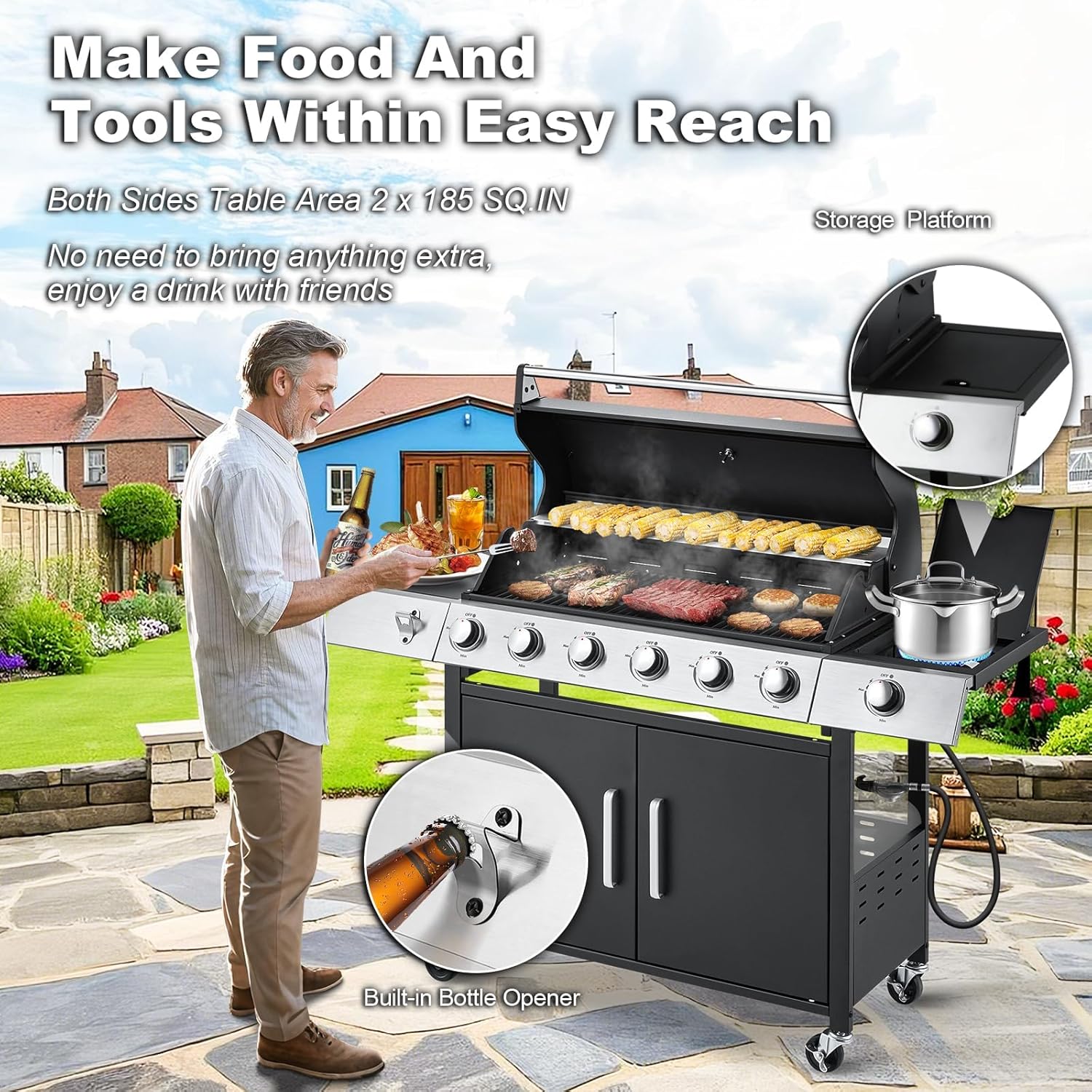 MELLCOM Upgraded 60 000 BTU Stainless Steel Burner Barbecue Grill  6 Burner BBQ Propane Gas Grill with Side Stove & Cast Iron Grates for Patio  Camping  Outdoor Cooking