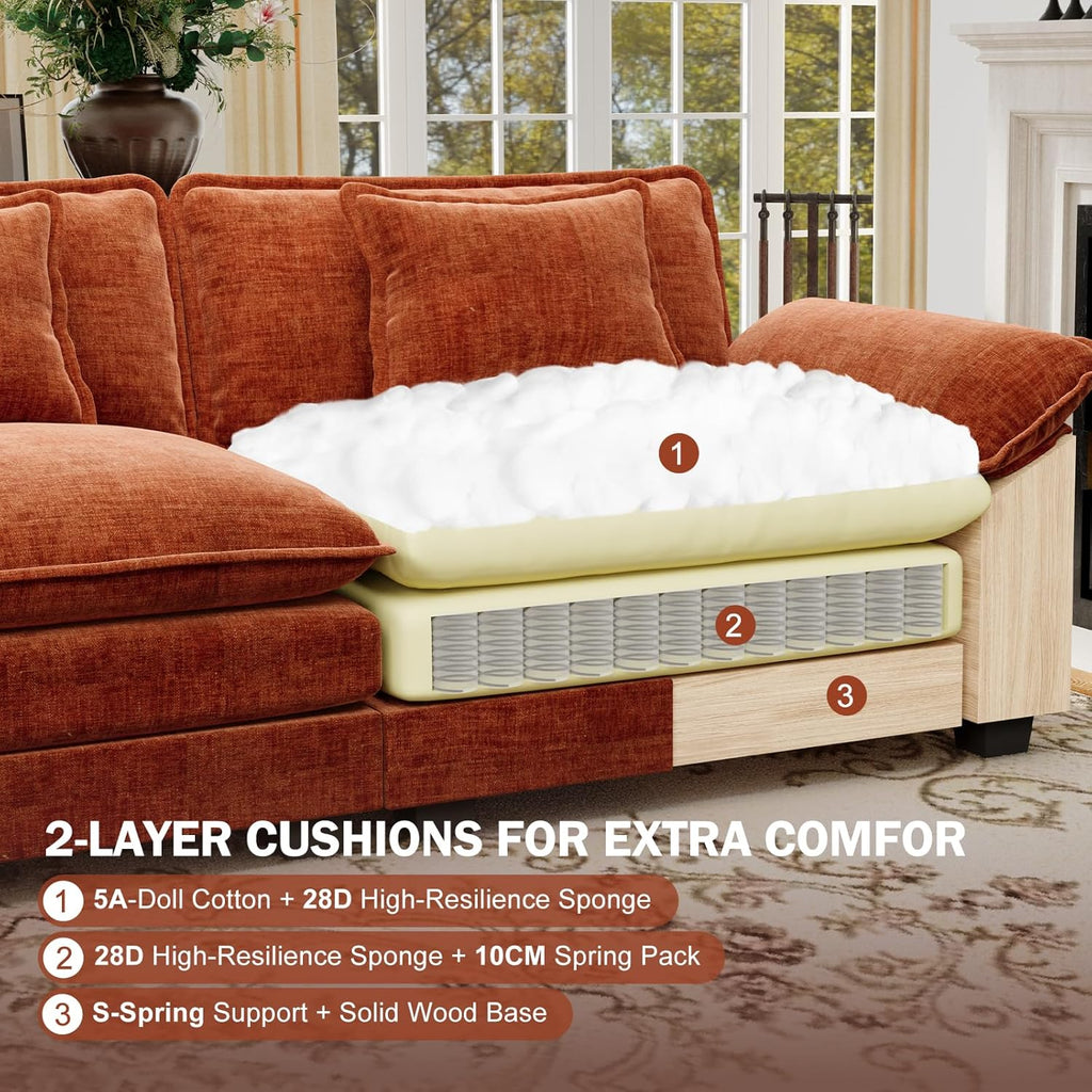 CDCASA 86" Modular Sectional Sofa, Comfy L-Shaped Cloud Couch with Movable Ottoman, 3-Seater Chenille Deep Seat Modern Sofa Couch for Living Room, Terracotta Orange
