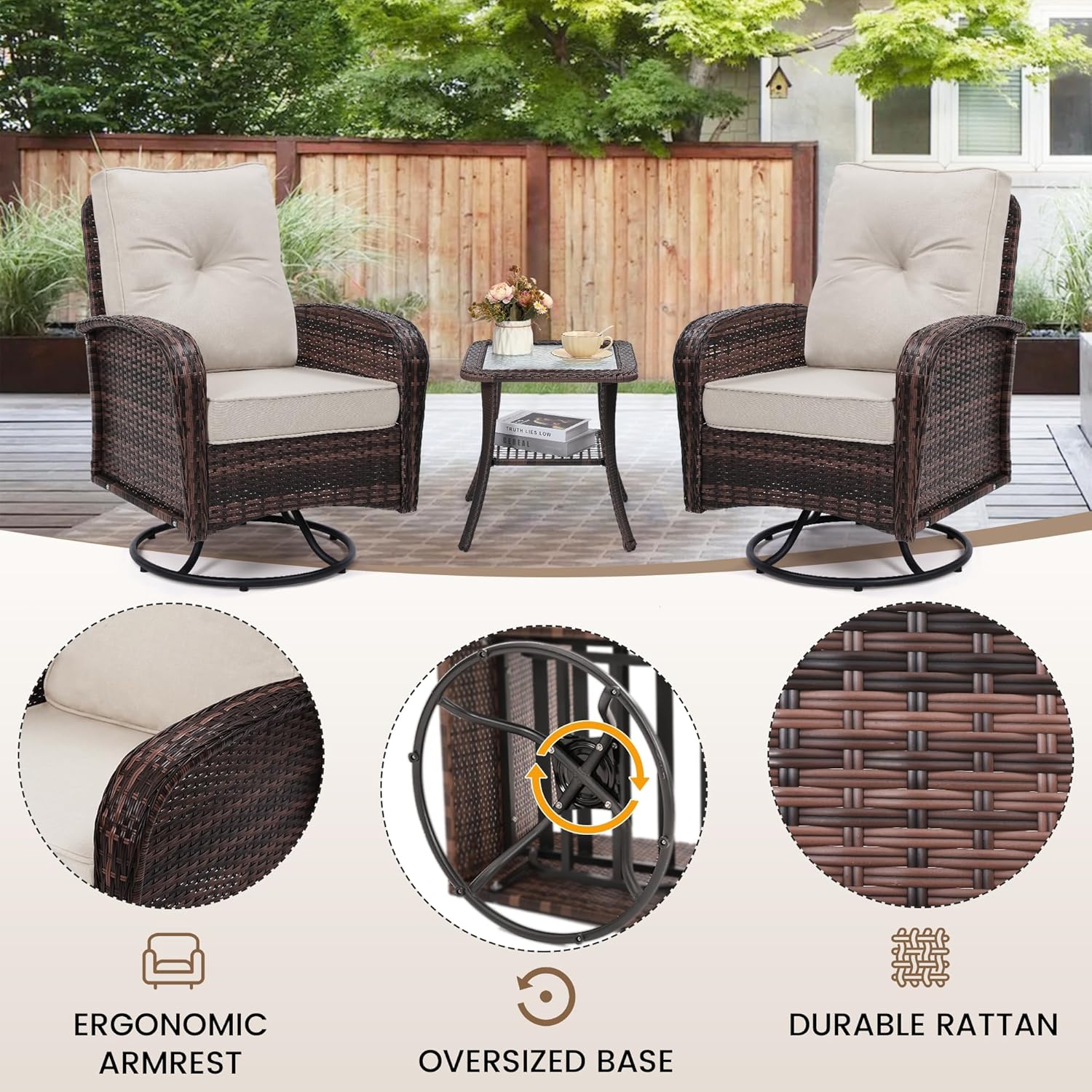 Luxury Outdoor Swivel Wicker Glider Patio Chairs with Table Set  Overstuffed Washable Cushions  Ideal for Porch  Balcony  Deck  Brown Rattan and Beige Cushion