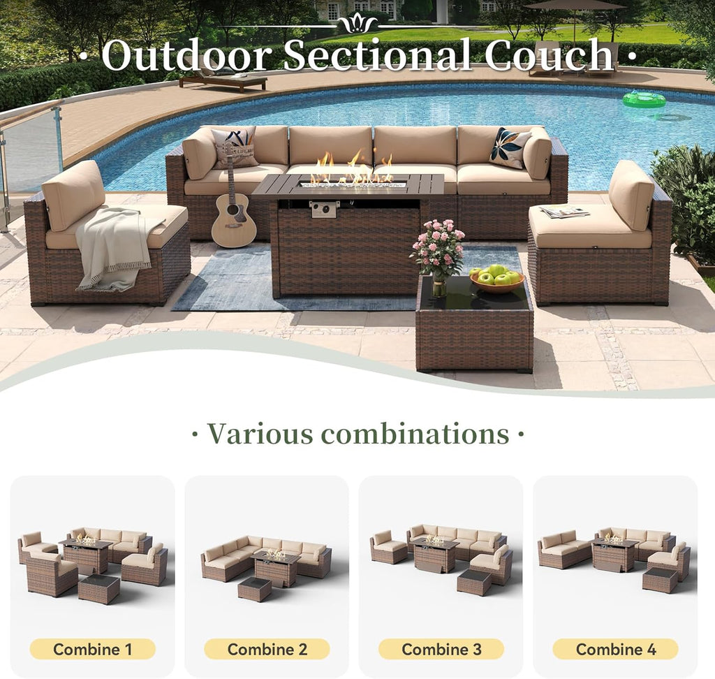 Aoxun 8 Piece Patio Furniture Set with 44” Fire Pit Table Wicker Rattan Outdoor Sectional Sofa Set with Coffee Table and Thickened Cushions  Beige (Waterproof Cover Included)