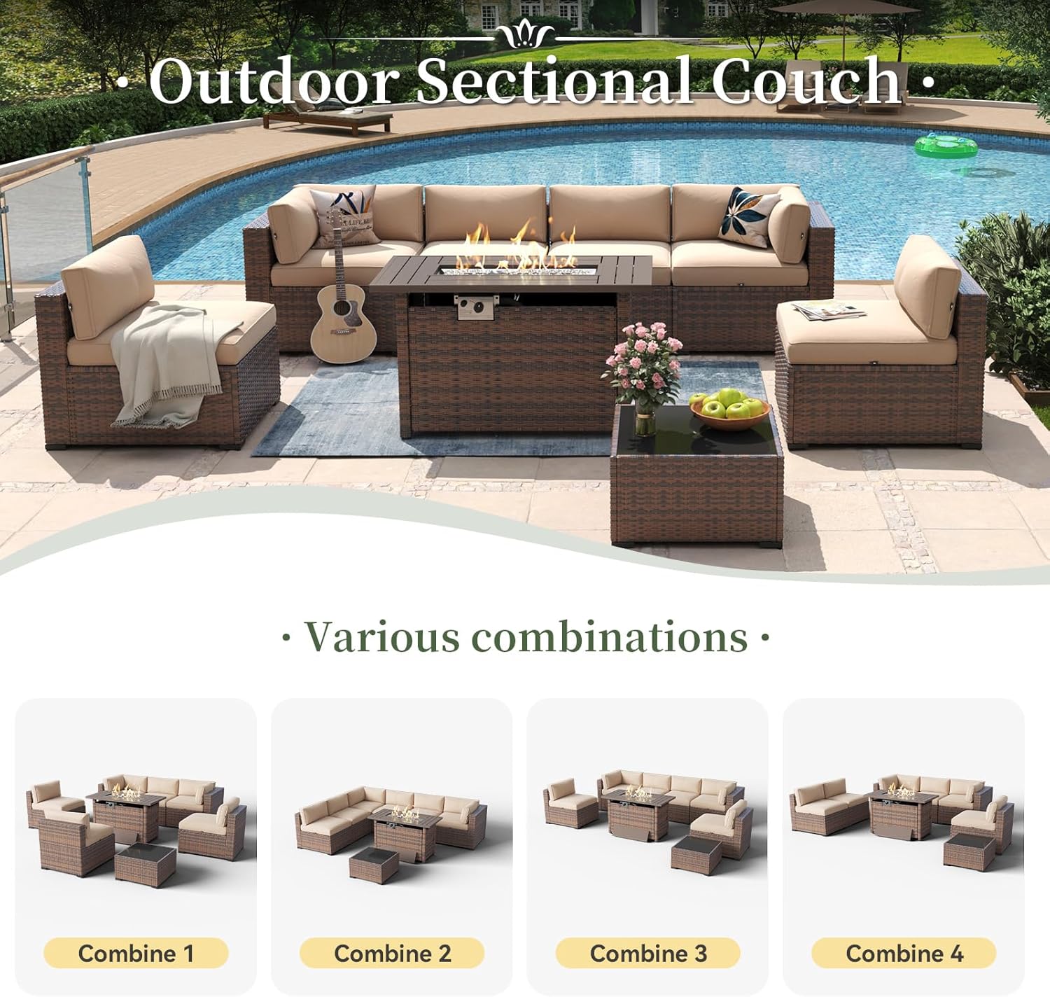 Aoxun 8 Piece Patio Furniture Set with 44” Fire Pit Table Wicker Rattan Outdoor Sectional Sofa Set with Coffee Table and Thickened Cushions  Beige (Waterproof Cover Included)