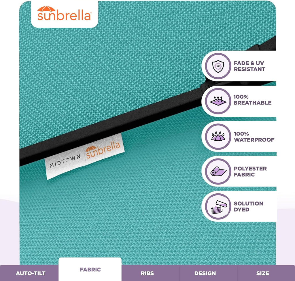 Midtown Umbrellas - The Lean 9 Ft Patio Umbrella with Fade-Resistant Sunbrella Fabric  Auto-Tilt Aluminum Frame and 8 Reinforced Ribs for Deck  Pool & Garden - Aruba Canopy  Black Pole