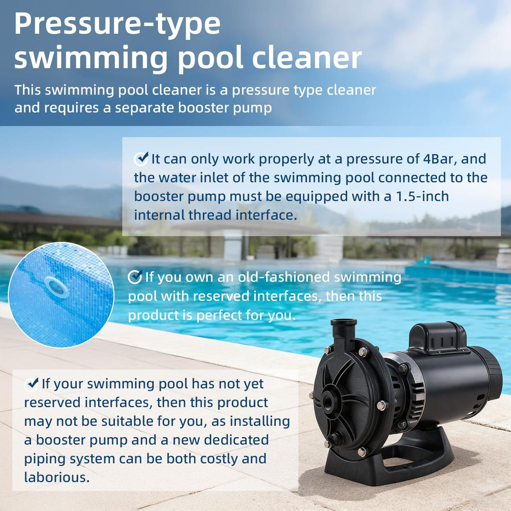 MAKHOON Upgrade Pool Pressure Side Sweeper: Professional Solution for Cleaning Your Swimming Pool (Four Wheels are Better Than Three) Need 1.5" Female Thread Pool Booster Pump Inlet  4 Bar Pressure