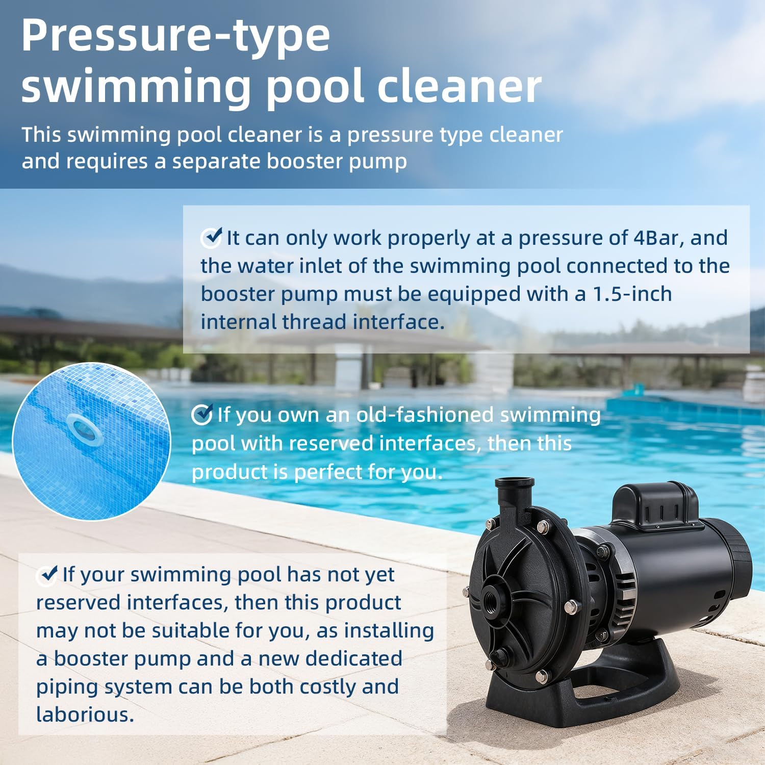MAKHOON Upgrade Pool Pressure Side Sweeper: Professional Solution for Cleaning Your Swimming Pool (Four Wheels are Better Than Three) Need 1.5" Female Thread Pool Booster Pump Inlet  4 Bar Pressure