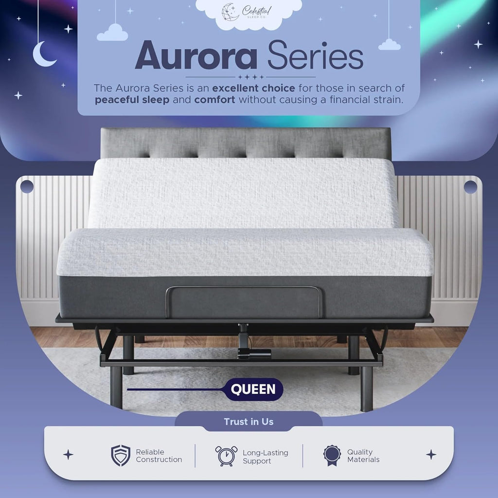 Celestial Aurora Adjustable Bed Base (Frame) + 10 inch Gel Memory Foam Mattress (Medium), Easy Assembly, Head and Foot Lift, Zero Gravity, Memory Positions, CertiPUR-US Bed - Queen