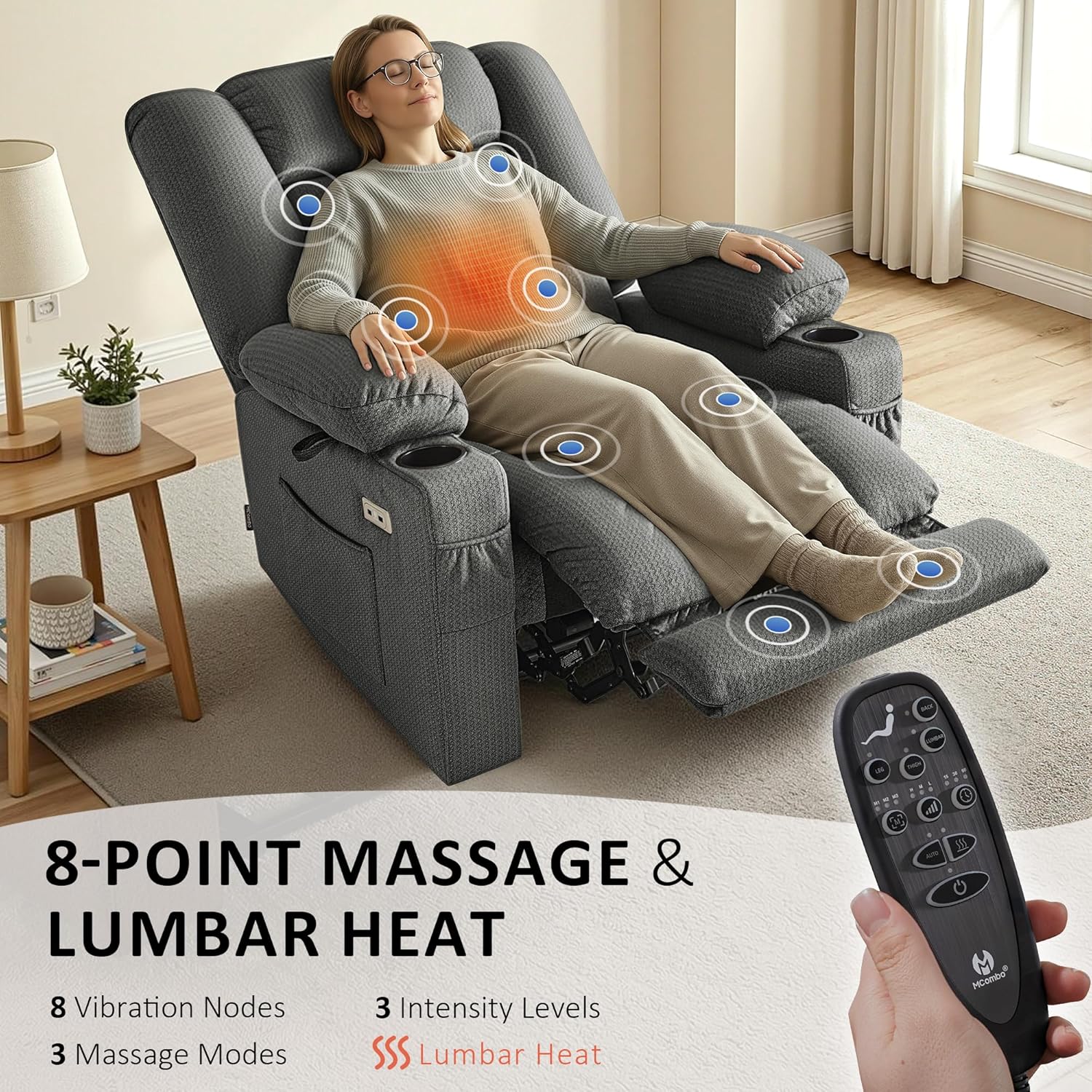 MCombo Oversized Recliner Chair for Big and Tall, Zero Gravity Recliner with Massage and Heat, USB & Type C Ports, Cup Holders for Living Room PR671(Grey, Oversized)