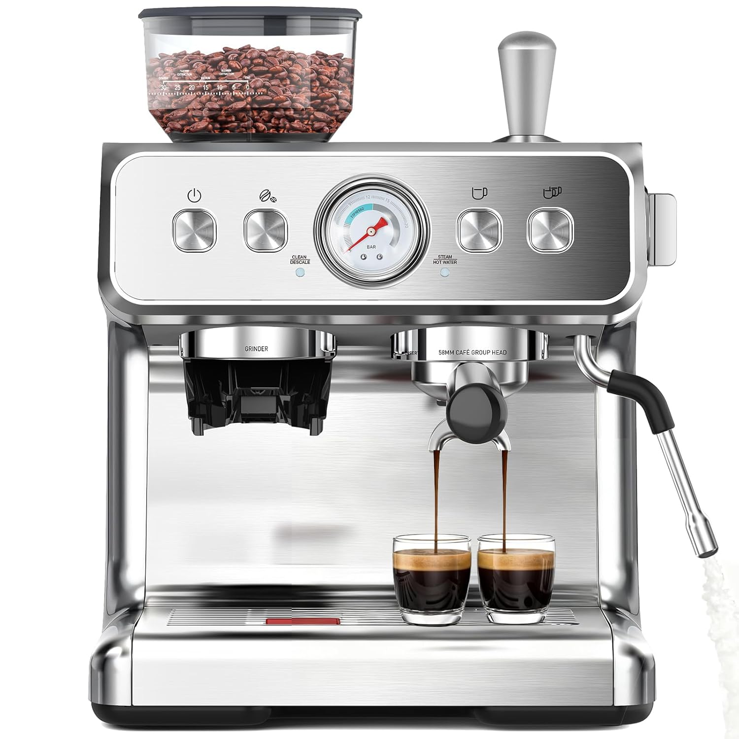 COWSAR 20 Bar Espresso Machine with Grinder & Milk Frother Steam Wand, 58mm Expresso Coffee machines, Commercial Stainless Steel Coffee Maker for Cappuccino and Latte, Perfect for Home and Café Use