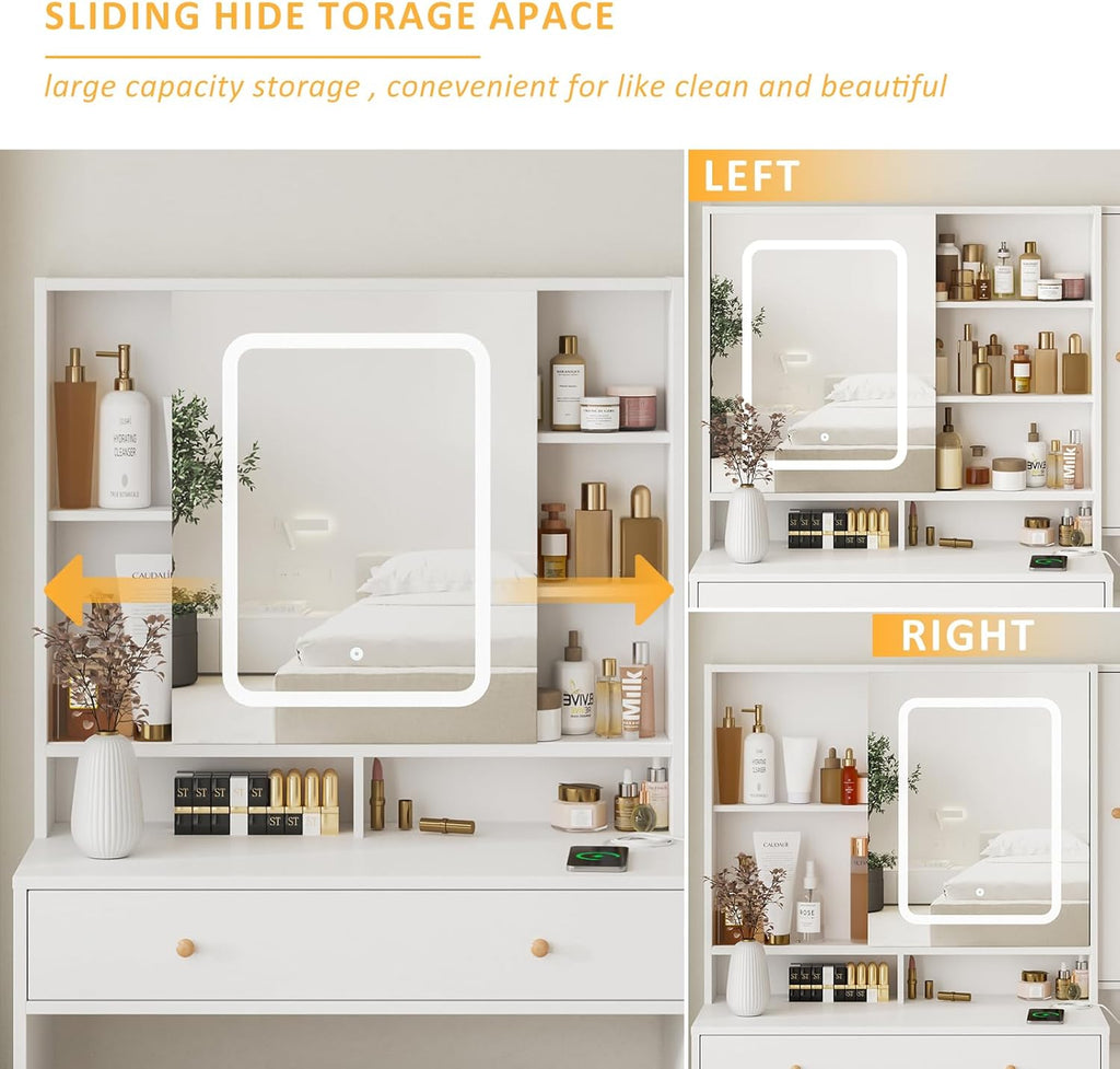 Vanity Desk with Mirror and Lights, Glass Top Vanity Table Makeup Vanity with Lights and Charging Station & Sliding Door, Glass Top Vanity with 3 Drawers and Jewelry Cabinet, 42.8inch