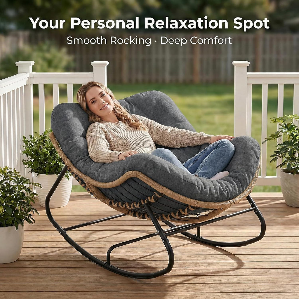 SWITTE Outdoor Rocking Chair  Oversized Patio Papasan Rocker  Comfy Wicker Reading Lounge  Indoor Egg Chair for Bedroom  Living Room  Porch  Garden  Lawn-Dark Grey