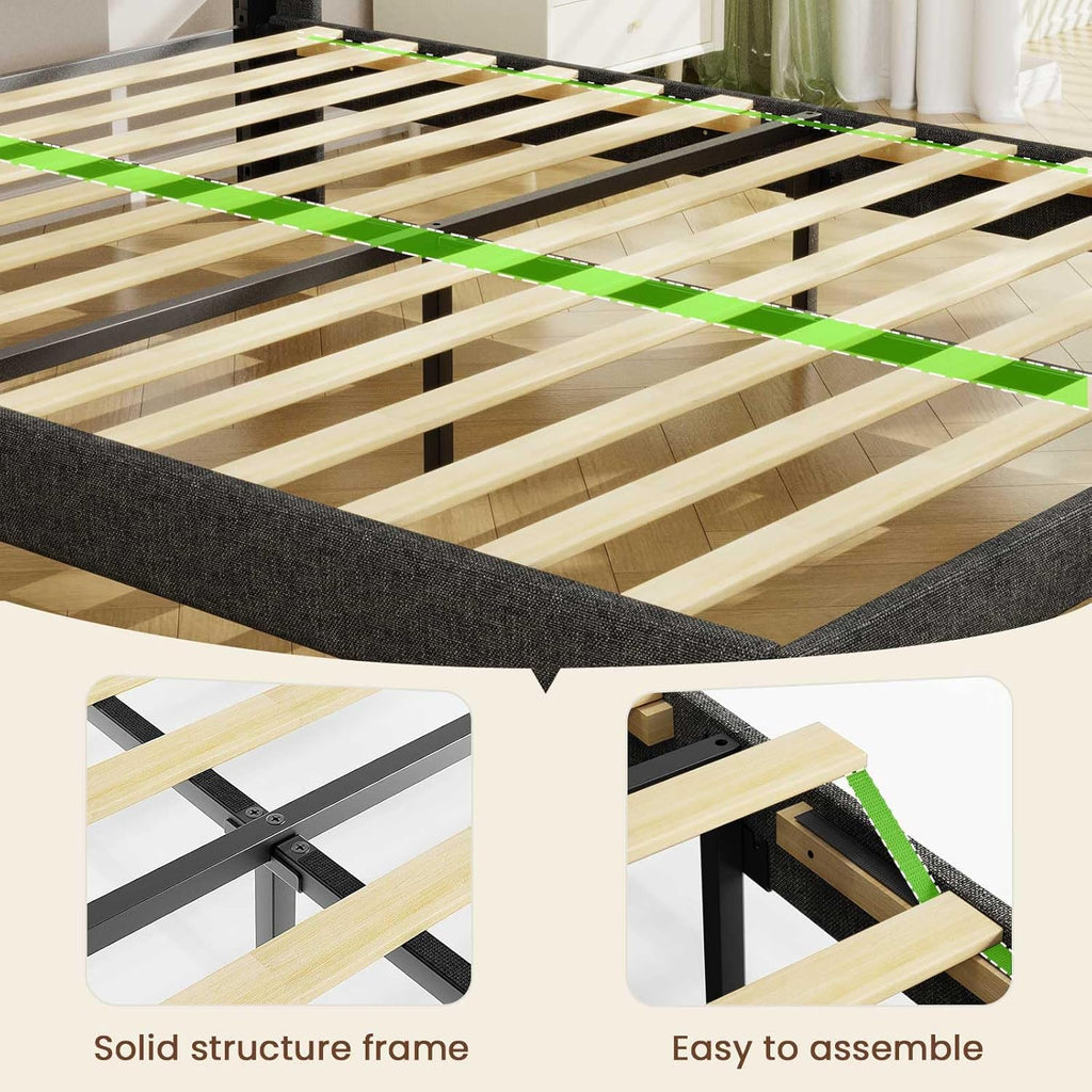 LED King Size Bed Frame with 2 Storage Drawers, Upholstered King Bed Frame with Headboard and Charging Station, No Box Spring Needed, Easy to Assembly-Dark Grey