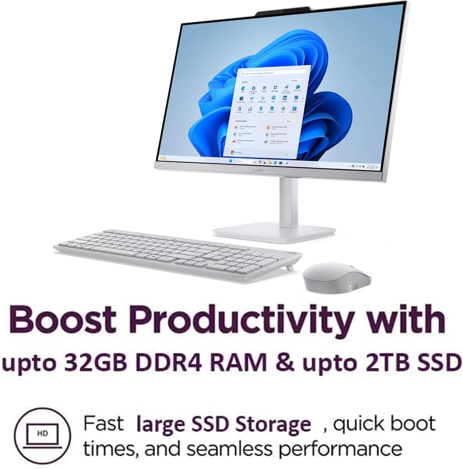 Lenovo 24" FHD All-in-One Desktop Computer for Home & Office  Intel Processor  16GB RAM  500GB External + 128GB PCIe  HDMI  Bluetooth 5.2  Business AIO  Vent-Hear  Wireless Keyboard & Mouse  Win 11