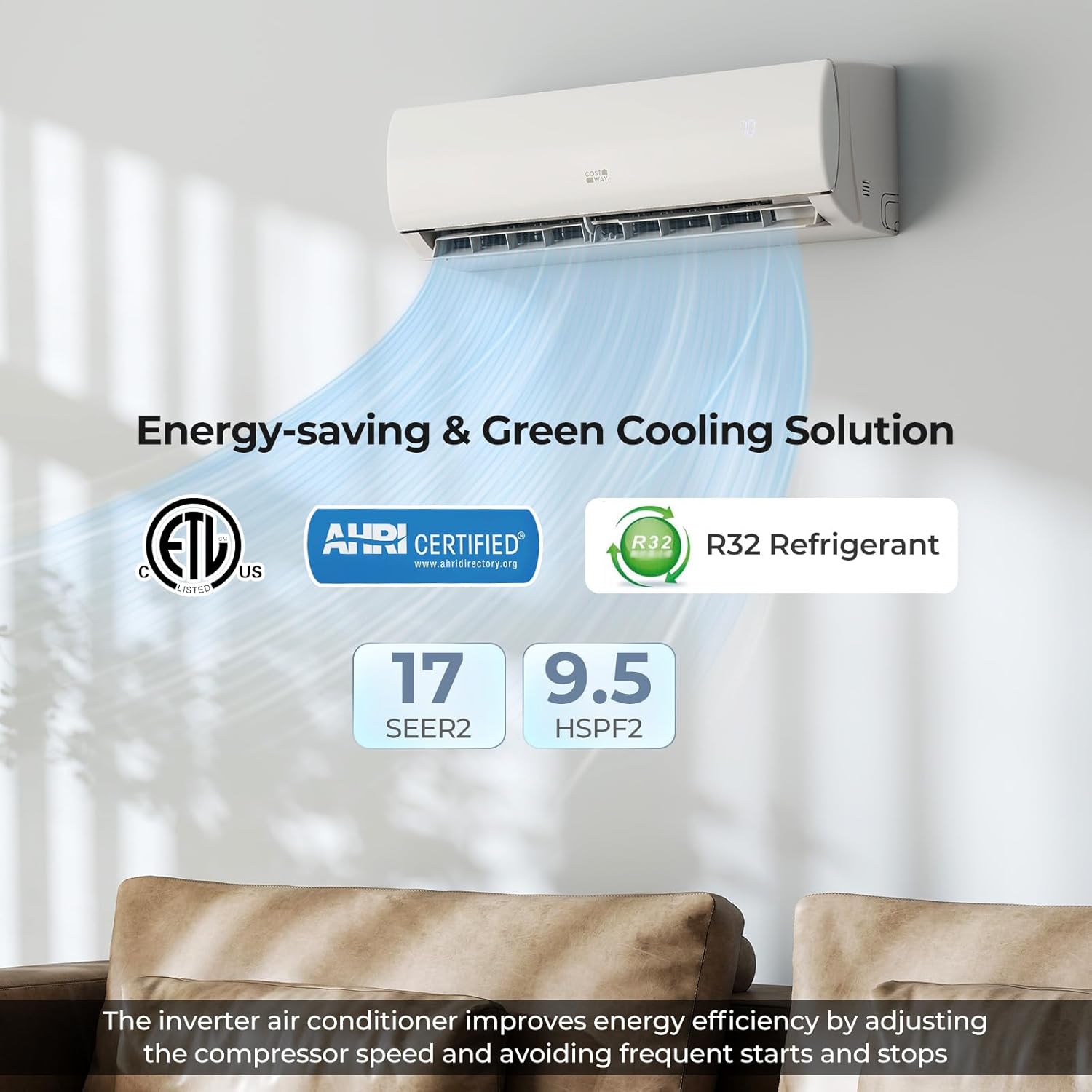 COSTWAY 11500 BTU Mini Split Air Conditioner, 115V 17 SEER2 Wifi Enabled Inverter Air Conditioner & Heater Pump System Cools Up to 750 Sq. Ft, Compatible with Alexa, w/Installation Kit