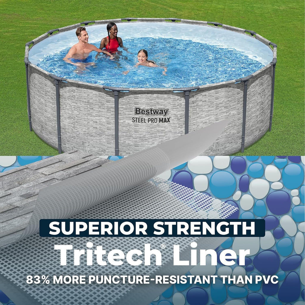 Bestway Steel Pro MAX 14' x 48" Above Ground Pool  Round Metal Frame Outdoor Swimming Pool Set with Filter Pump  Ladder  and Cover  Gray Stone Print