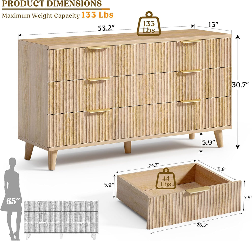 Lulive Dresser for Bedroom Wood Dressers Chest of Drawers, Fluted 53.2" Wide Modern Long Dresser TV Stand 6 Drawers for Bedroom, Closet, Living Room, Hallway (Natural)