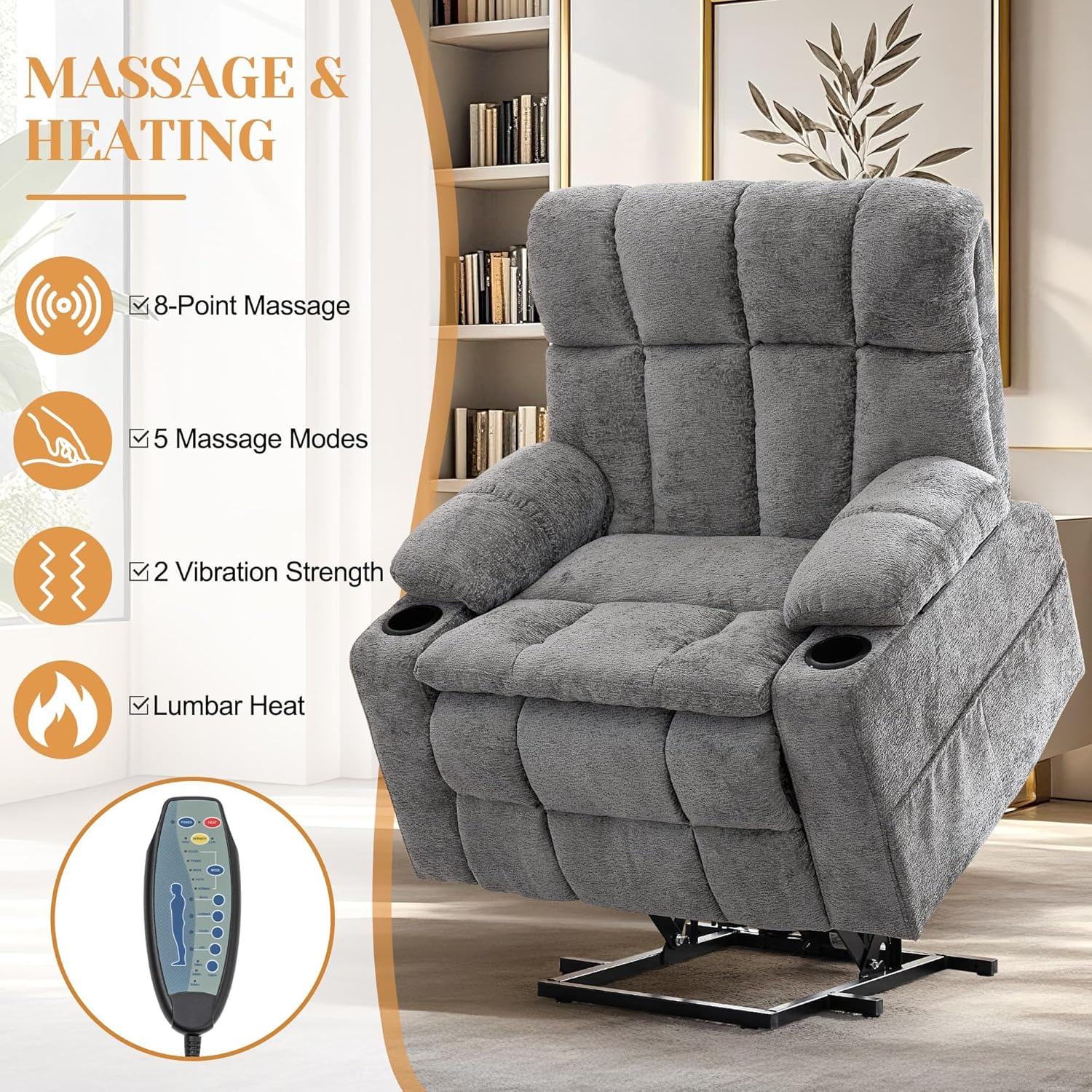Oversized Dual Motor Power Lift Recliner for Elderly with Adjustable Headrest, Extra Wide Recliner Chairs with Massage and Heat, Electric Lift Chair with Storebox Cupholder, USB Ports, Type C