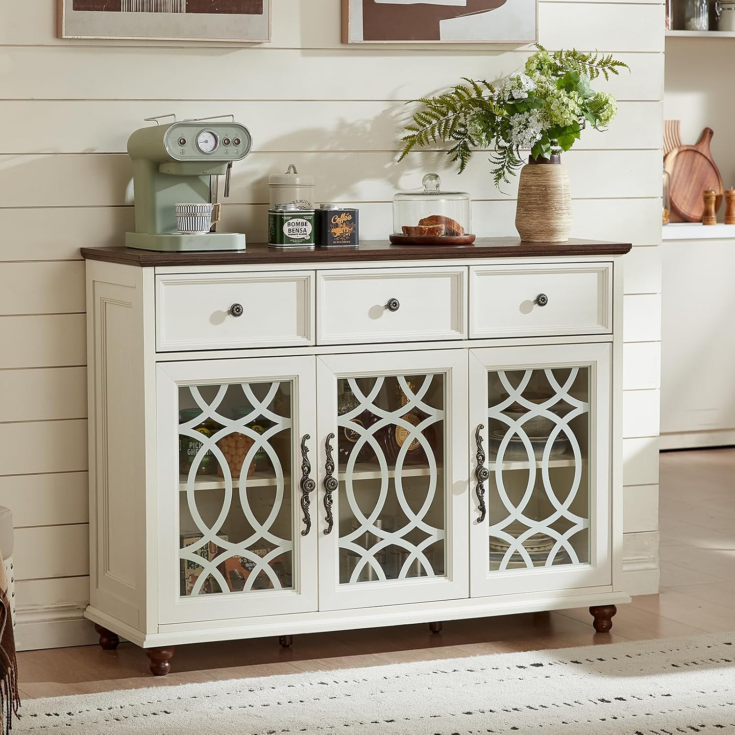 Farmhouse Sideboard Buffet Cabinet with Storage,48" Large Credenza with 3 Glass Doors & 3 Drawers,Adjustable Shelves Console Table,Wood Kitchen Coffee Bar for Dining Room,Living Room,White
