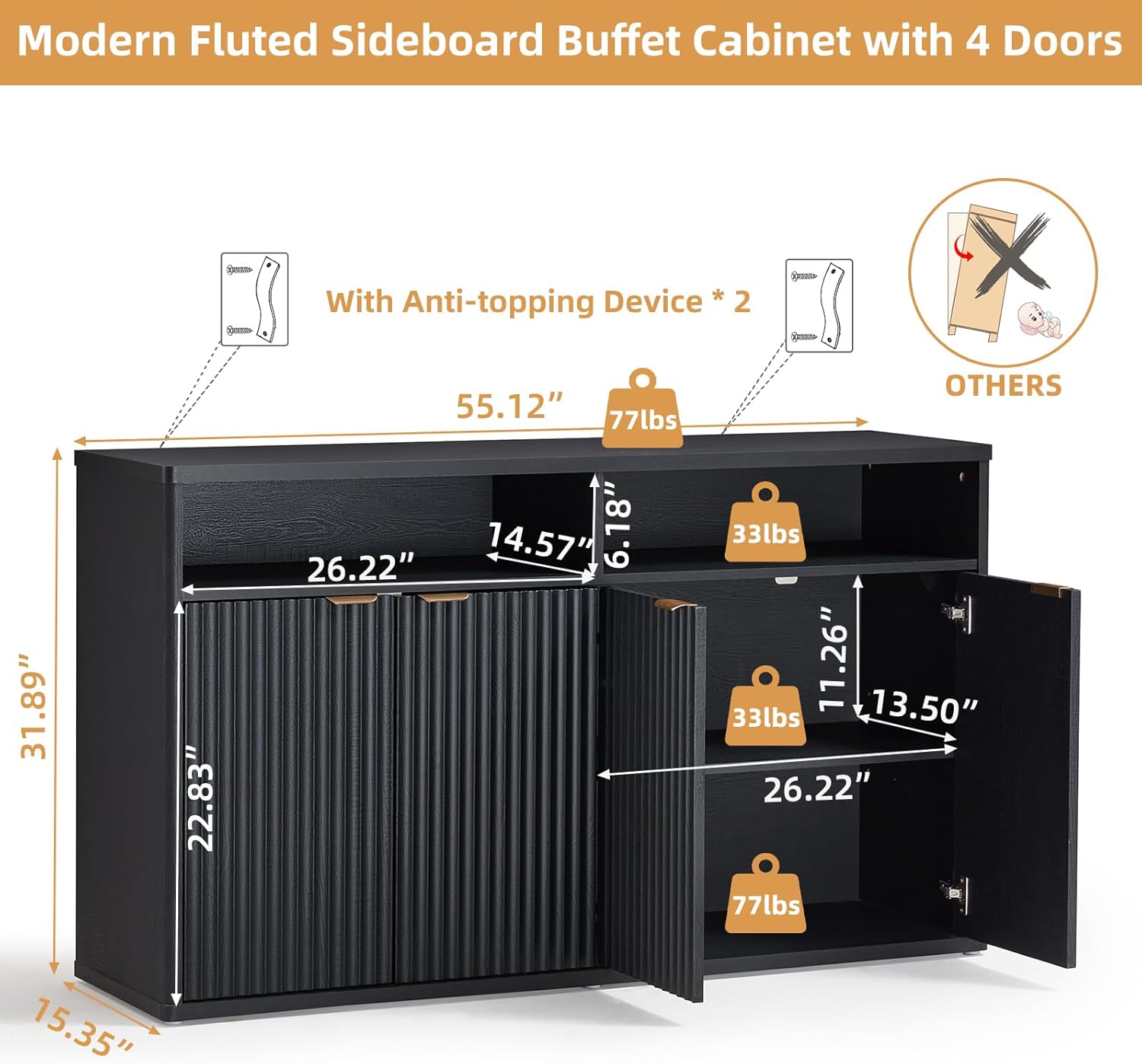 LEYAOYAO Fluted Buffet Cabinet with Storage, 55" Wide Wood Sideboard Credenza with 4 Doors & Open Storage Shelf, Modern Kitchen Console Accent Cabinets, Coffee Bar Table for Dining Room, Black Oak