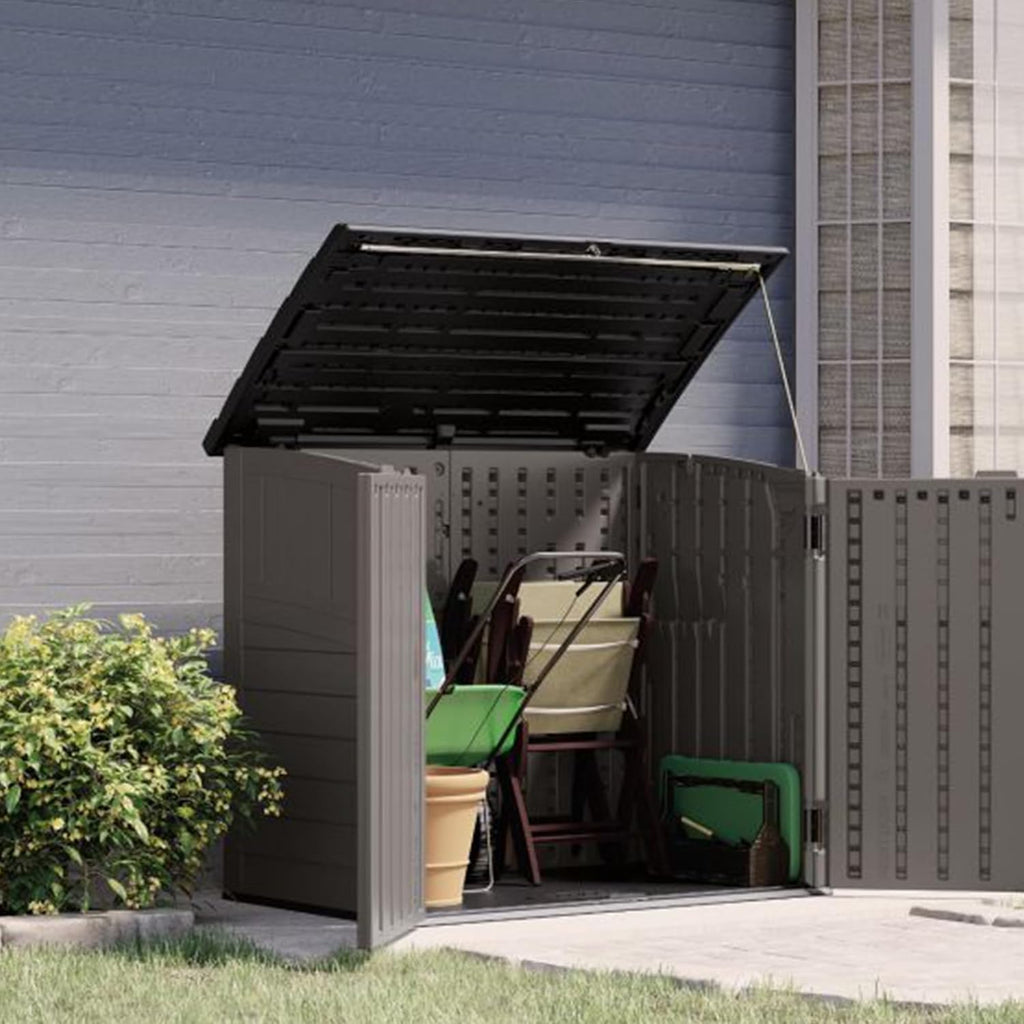 Suncast 34 Cu Ft Horizontal Resin Storage Shed - Outdoor Storage Shed with Floor Included  Lockable  Weatherproof  Fits Small to Medium Trash Cans  Generators  & Garden Tools  Stoney Black