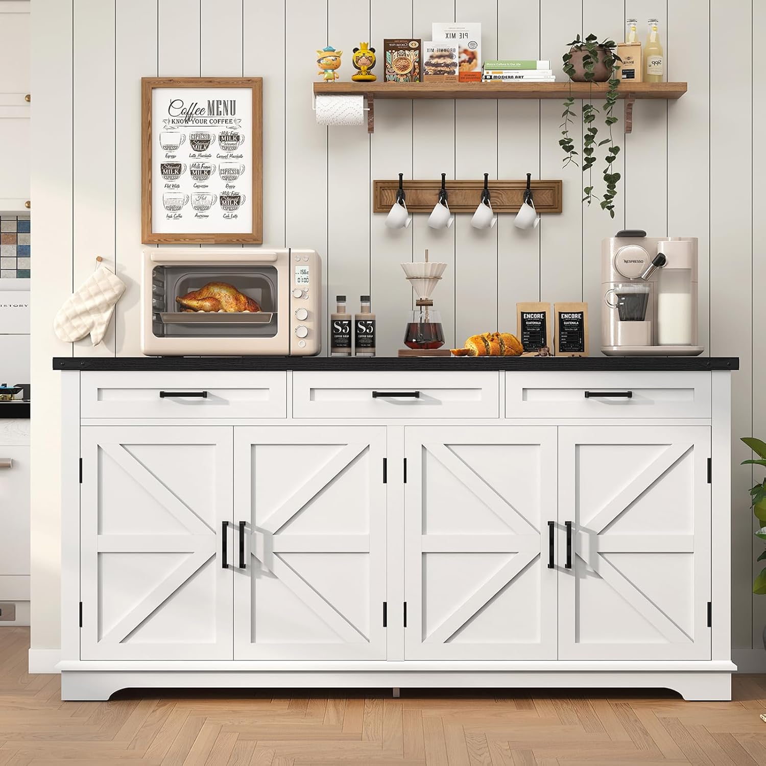 usikey 61” Large Sideboard Buffet Cabinet with 4 Doors and 3 Drawers, Farmhouse Buffet Table, Dining Room Storage Cabinet for Kitchen or Living Room, White