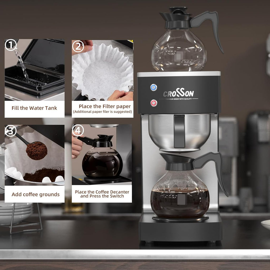 crosson 12 Cup Commercial Drip Coffee Brewer with Upper and Lower Warmer & 2 Glass Decanter,Pour Over Coffee Maker with Easy Clean Fingerprint Free Housing and 304 Stainless Steel Funnel