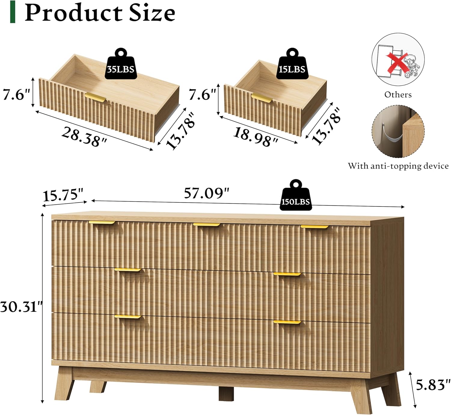 Fluted Dresser with 7 Drawers, 58" Wide Modern Chest of Drawers with Metal Handle, Wooden Dresser TV Stand, Wood Closet Clothes Storage Organizer for Bedroom, Living Room, Hallway, Natural Oak