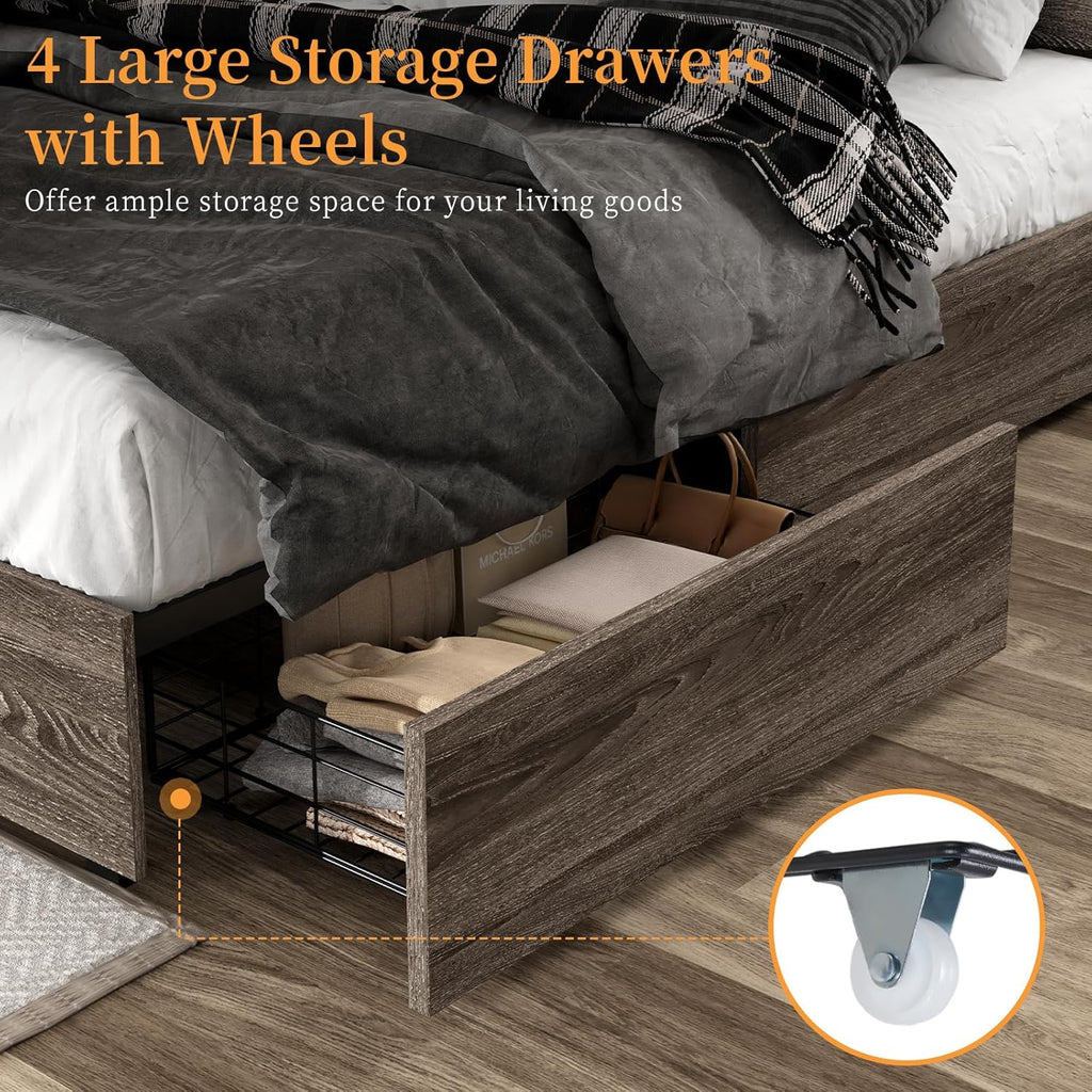 King Size Bed Frame with LED Bookcase Headboard, Wooden Storage Bed with Charging Station & 4 Drawers, No Box Spring Needed/Noise-Free/Rustic Grey
