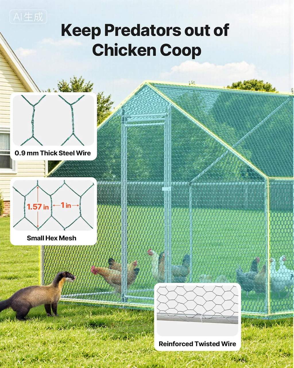 VEVOR Large Metal Chicken Coop  19.7x9.8x6.5ft Walk-in Chicken Runs for Yard with Cover  Spire Roof Hen House with Security Lock for Outdoor and Backyard  Farm  Duck Rabbit Cage Poultry Pen