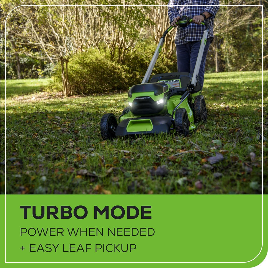 Greenworks 60V 21" Self-Propelled Cordless Lawn Mower  Brushless Motor  LED Lights  Includes 2X 4.0Ah Batteries & Rapid Dual-Port Charger(75+ Tool Compatibility  45Min Runtime)