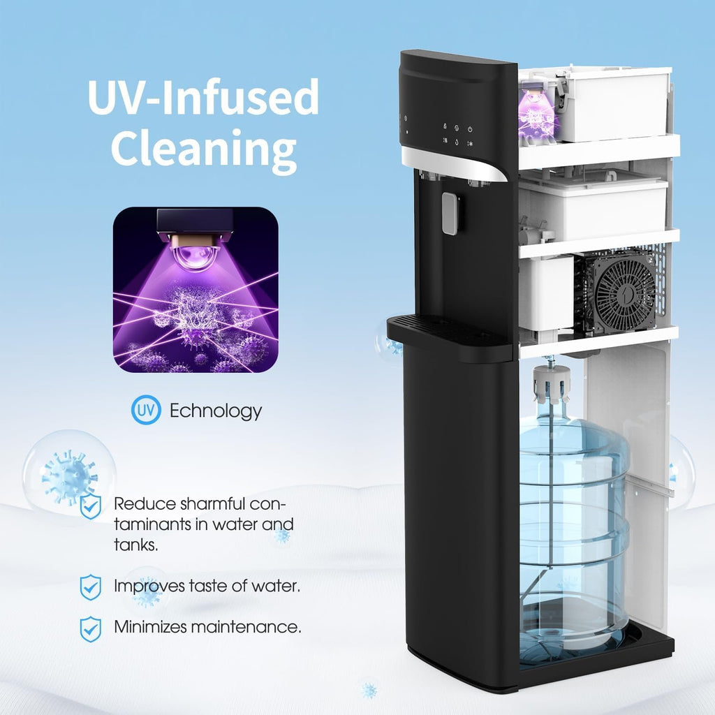 IKT Self-Clean Bottom Loading Hot and Cold Water Dispenser with Ice Maker Machine for 5 Gallon Bottle 22lbs Daily Capacity Ice Full Alert Black