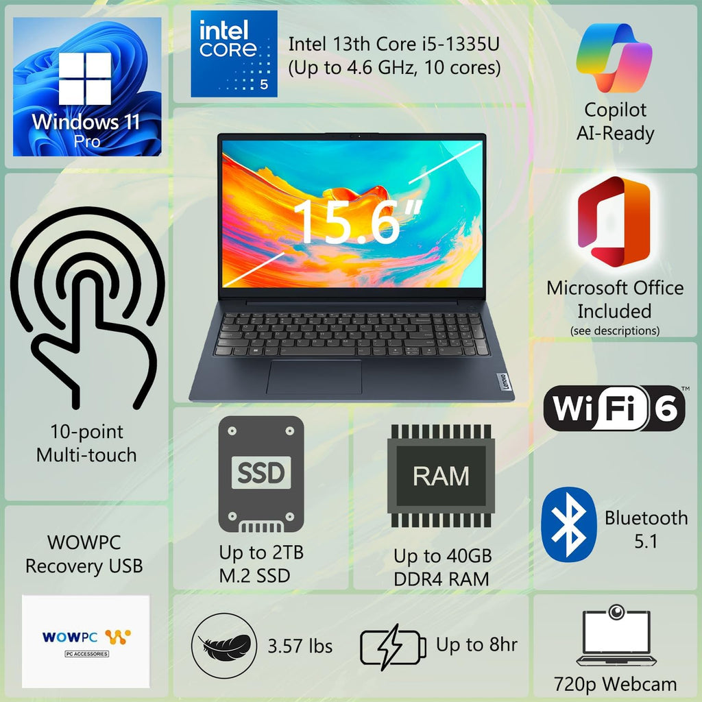 Lenovo IdeaPad Business Laptop  15.6" FHD Touchscreen Display  Intel 13th 10-Core i5 CPU (Up to 4.6 GHz)  16GB RAM  1TB SSD  Copilot AI Ready  Wi-Fi 6  Windows 11 Pro with Microsoft Office  WOWPC USB