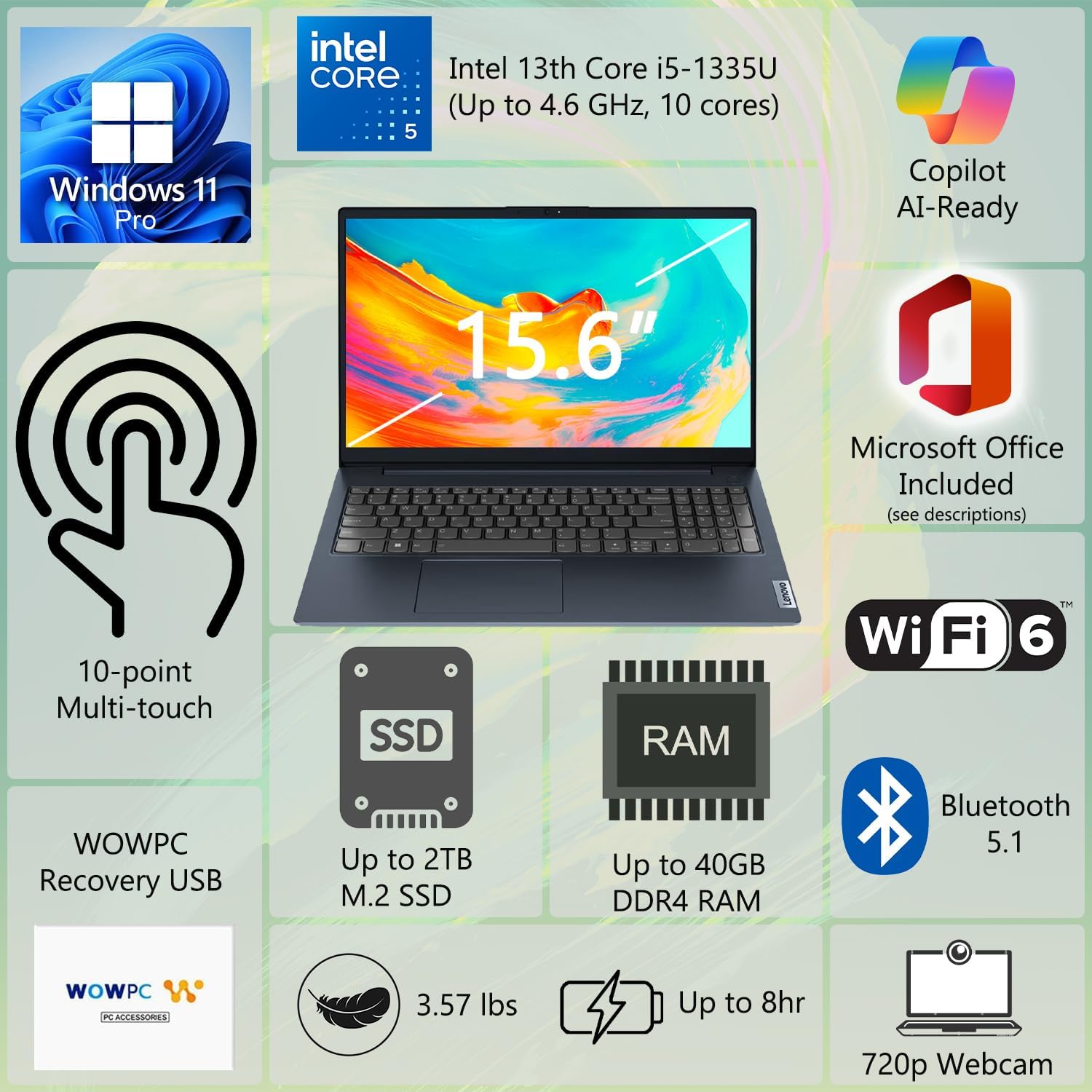 Lenovo IdeaPad Business Laptop  15.6" FHD Touchscreen Display  Intel 13th 10-Core i5 CPU (Up to 4.6 GHz)  16GB RAM  1TB SSD  Copilot AI Ready  Wi-Fi 6  Windows 11 Pro with Microsoft Office  WOWPC USB