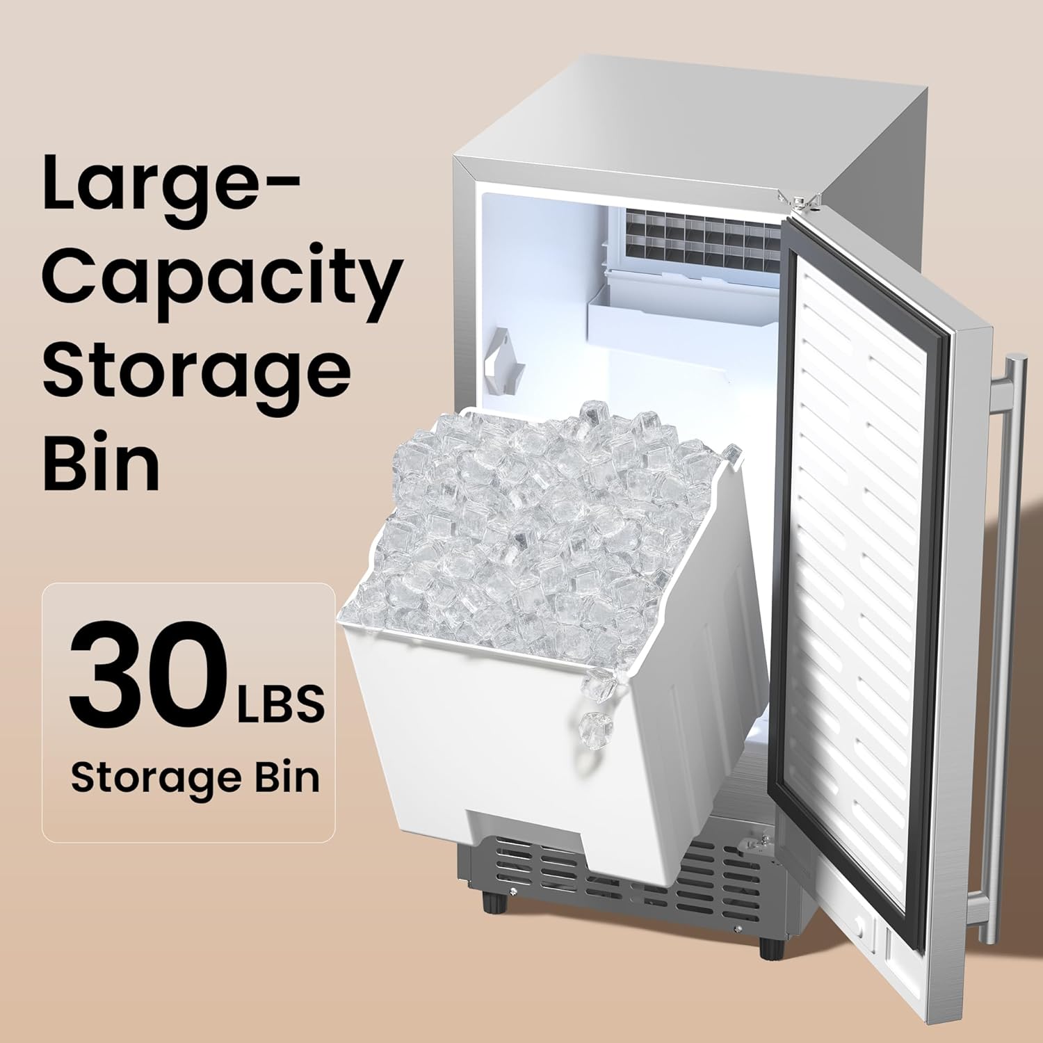 Coolski 15” Under Counter Ice Maker Machine, 130 Lbs/Day with 30 LBS Storage Bin, Built-in Freestanding Stainless Steel Ice Maker with Auto-Cleaning, Smart LCD Panel, for Commercial & Home Outdoor Use