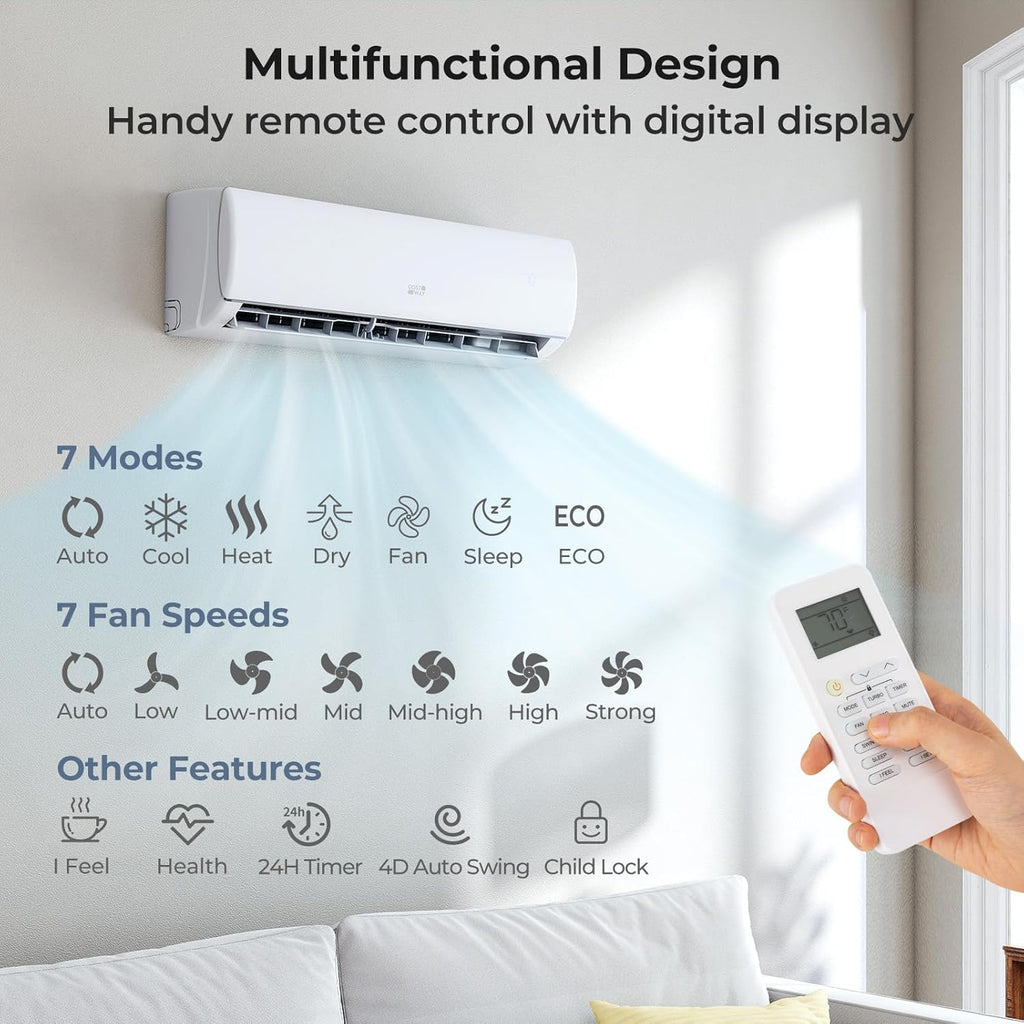 COSTWAY 11500 BTU Mini Split Air Conditioner, 208/230V 17 SEER2 Wifi Enabled Inverter Air Conditioner & Heater Pump System Cools Up to 750 Sq. Ft, Compatible with Alexa, w/Installation Kit