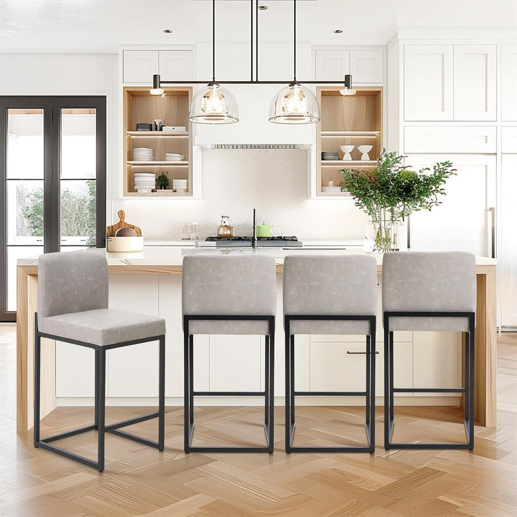 Sophia & William Light Grey Bar Stools Set of 3, Modern PU Leather Counter Height Barstools with Back, 24" Kitchen Island Bar Chairs