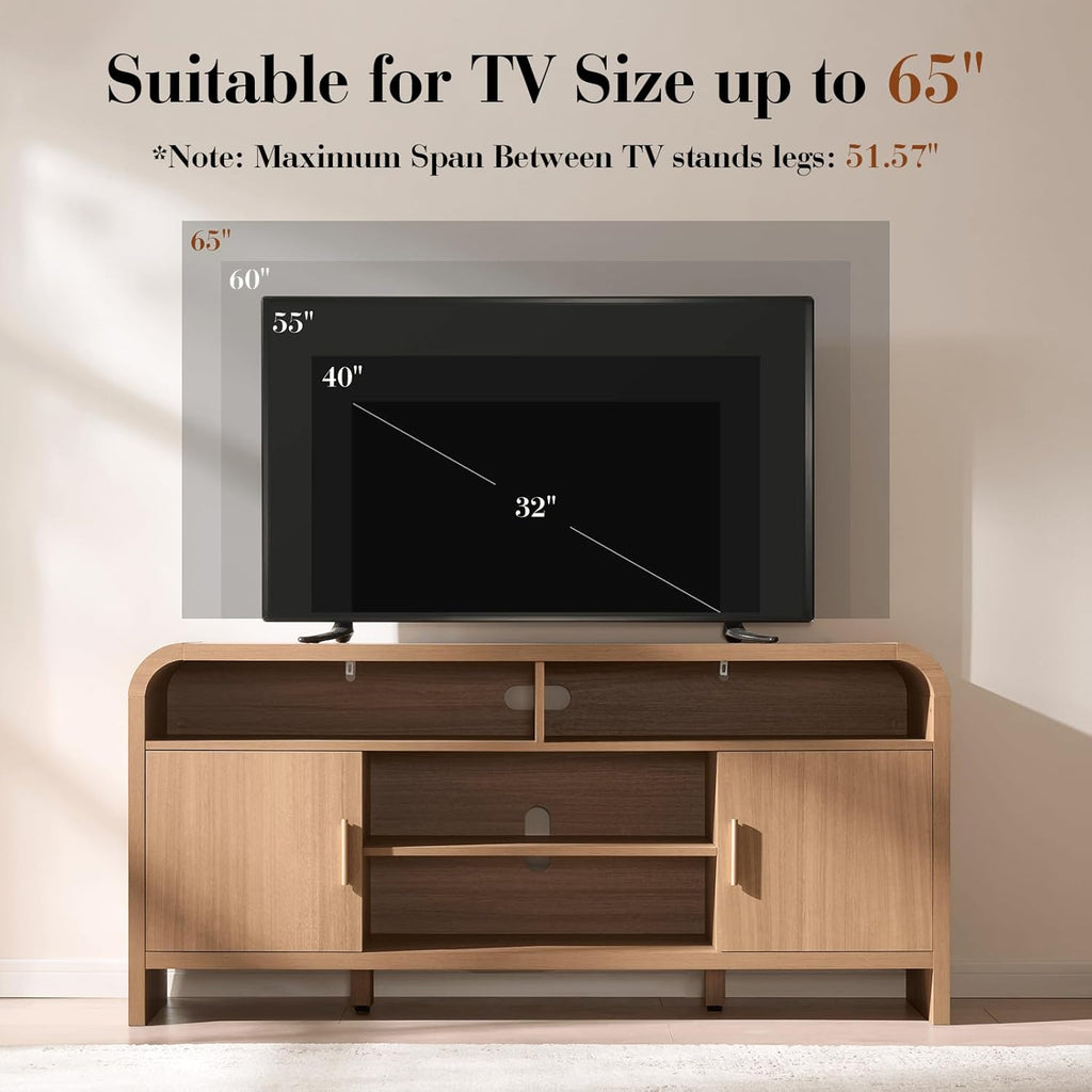 TV Stand for TVs Up to 65'' - Unique Curved Profile, FSC-Certified Wooden Board Entertainment Center with Adjustable Shelves and Storage Cabinet Modern Media Console for Living Room