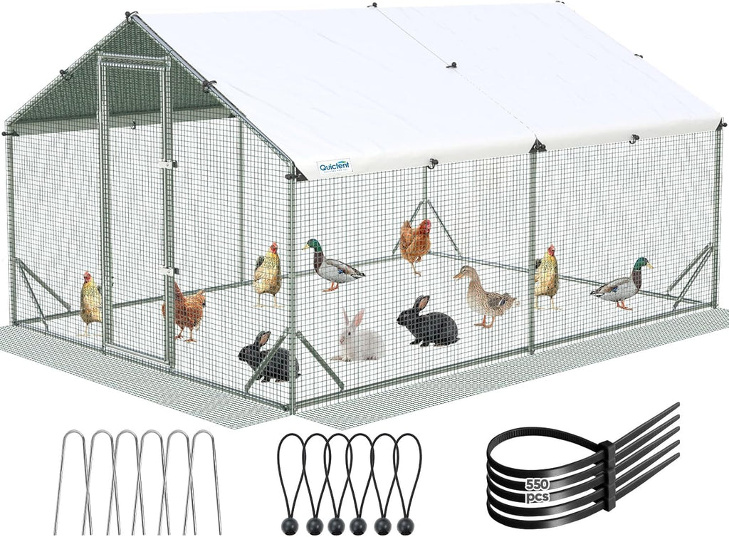 Quictent Large Metal Chicken Coop Run for 20+ Poultry with Side Hardware Cloth & Waterproof Cover  Advanced Series Outdoor Walk-in Cage Hen Duck Rabbit Dog Pen Yard Farm House  12x9x6.6FT