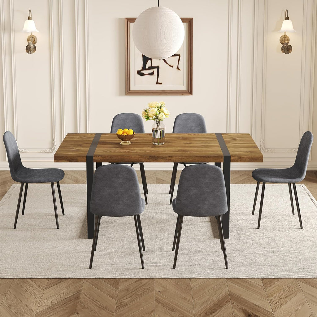 Dining Table Set for 6 .Dinner Table Set for 6 .71'' Dark Wood Kitchen Table and Suede Nap Fabic Chairs Set of 6 .6 Chair Dining Table Set for Kitchen Dining Room