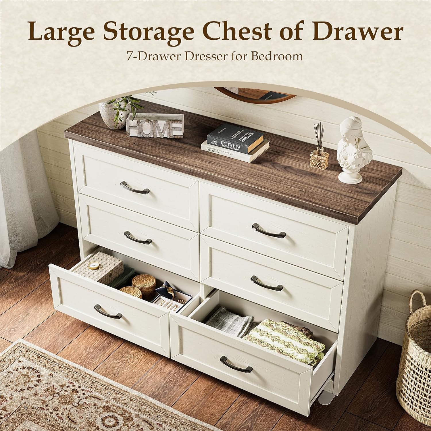 AODK Farmhouse 6 Drawer Dresser for Bedroom, 47” Wide Rustic Storage Dresser with Engineered Wood Frame, Anti-Tip Safety Chest, American Country Bedroom Furniture, Walnut & Vintage White