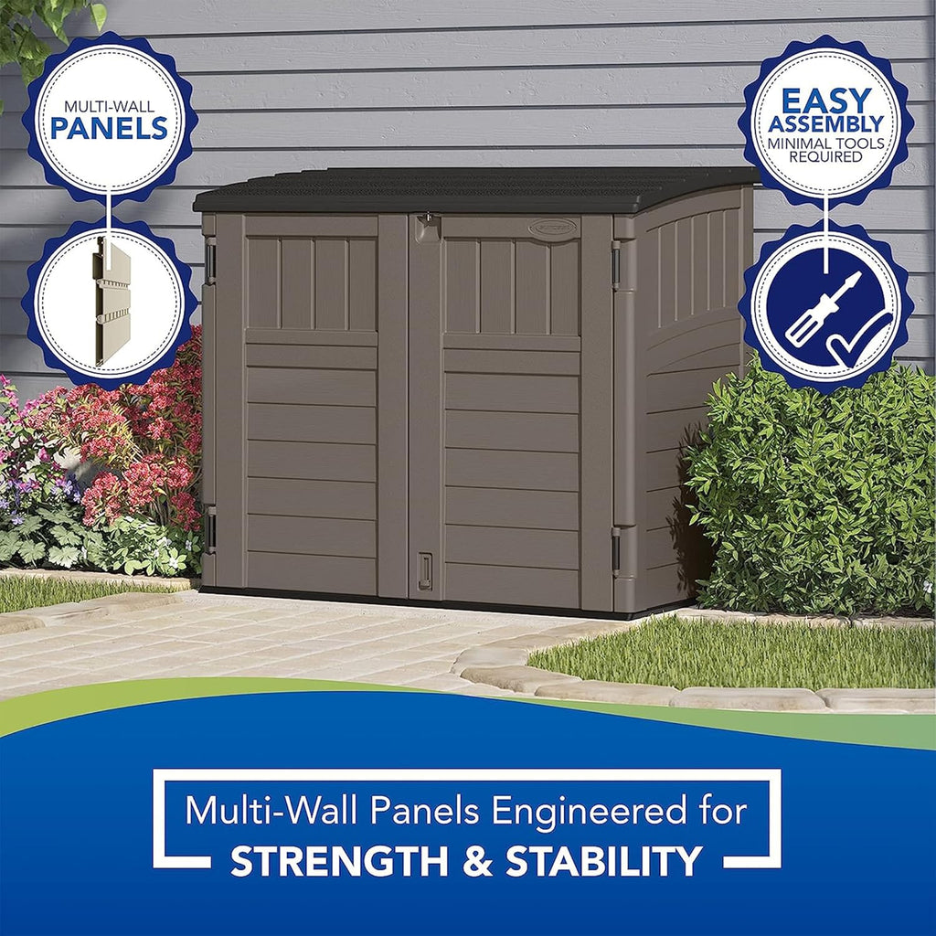 Suncast 34 Cu Ft Horizontal Resin Storage Shed - Outdoor Storage Shed with Floor Included  Lockable  Weatherproof  Fits Small to Medium Trash Cans  Generators  & Garden Tools  Stoney Black