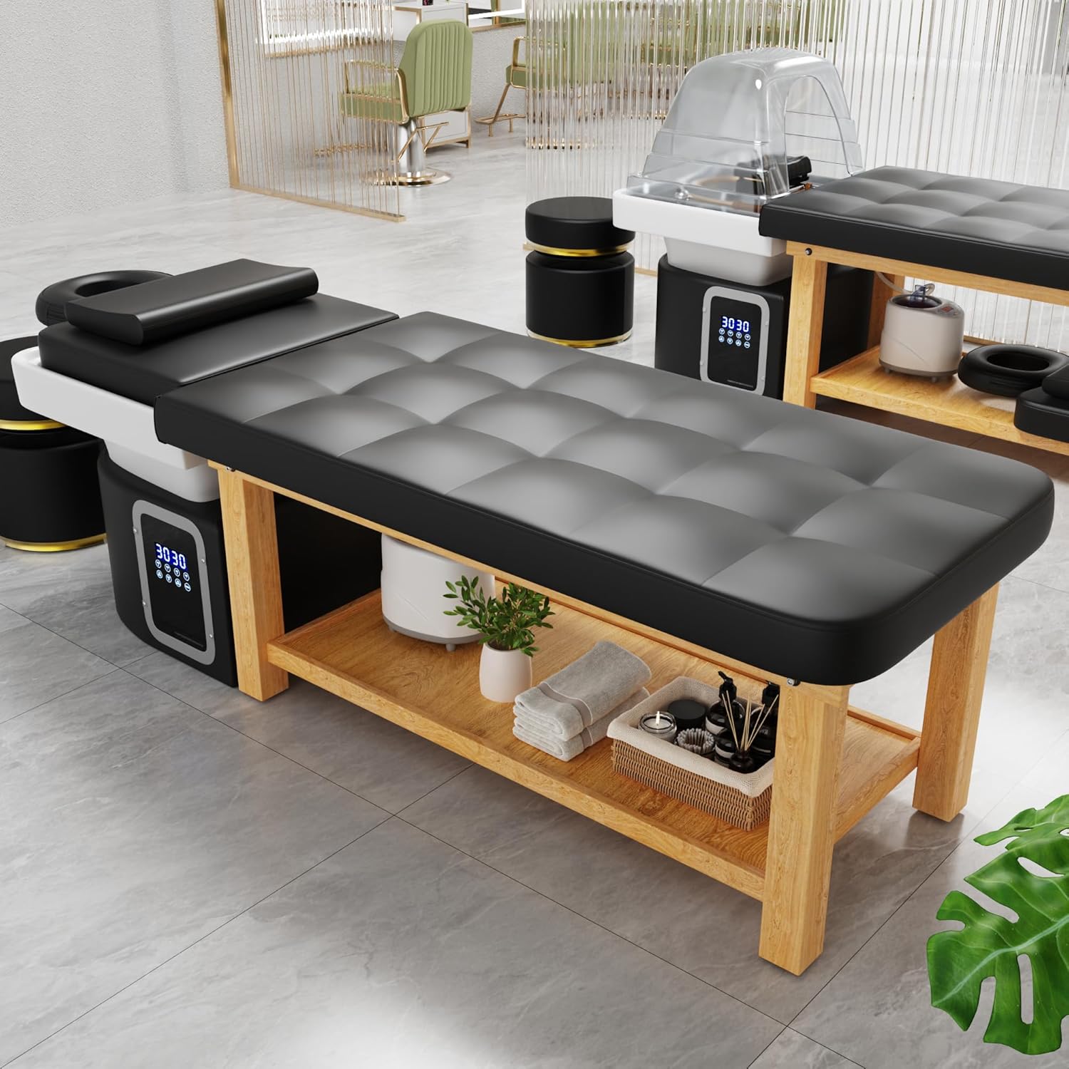 Dolonm Head Spa Shampoo Bowl Stationary Massage Table Set with Water Cycle & Fumigation Salon Equipment for Beauty Head Spa Physical Therapy Massage Salons, PU Leather Black, Wood Frame
