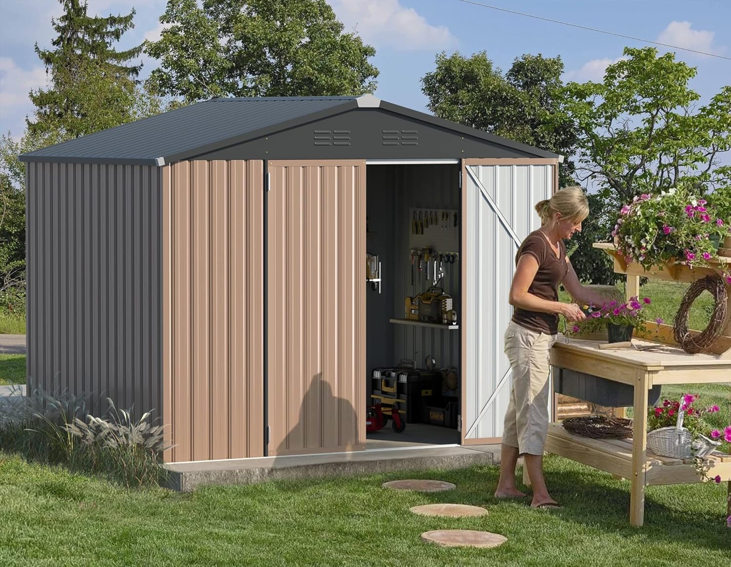 AECOJOY 8' x 6' Metal Storage Shed for Outdoor  Steel Backyard 6x8 Sheds & Outdoor Storage with Lockable Doors  Utility and Tool Storage for Garden  Backyard  Patio  Outside use