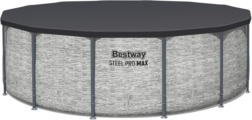 Bestway Steel Pro MAX 14' x 48" Above Ground Pool  Round Metal Frame Outdoor Swimming Pool Set with Filter Pump  Ladder  and Cover  Gray Stone Print