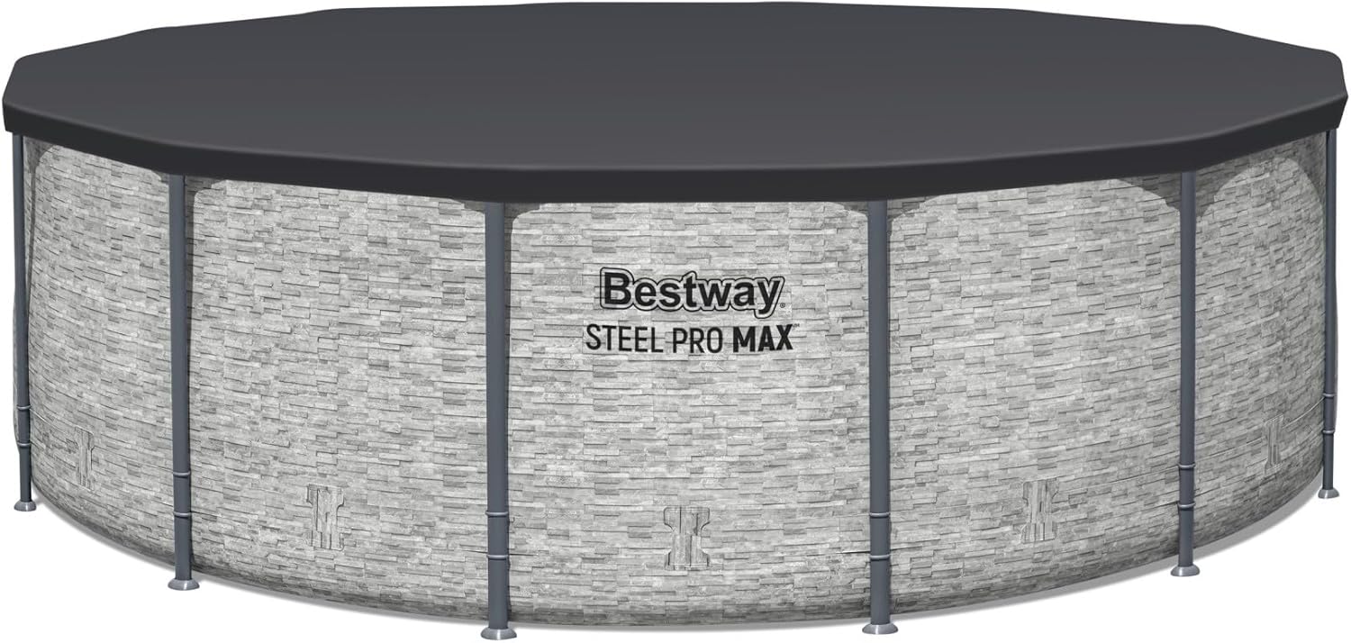 Bestway Steel Pro MAX 14' x 48" Above Ground Pool  Round Metal Frame Outdoor Swimming Pool Set with Filter Pump  Ladder  and Cover  Gray Stone Print