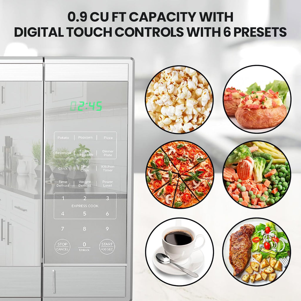 Total Chef 0.9 Cu Ft Microwave Oven – Compact Countertop Kitchen Appliance, Small Stainless Steel Microwave with Digital Touch, Pre-Set Functions, 10.6” Turntable, 900 Watt