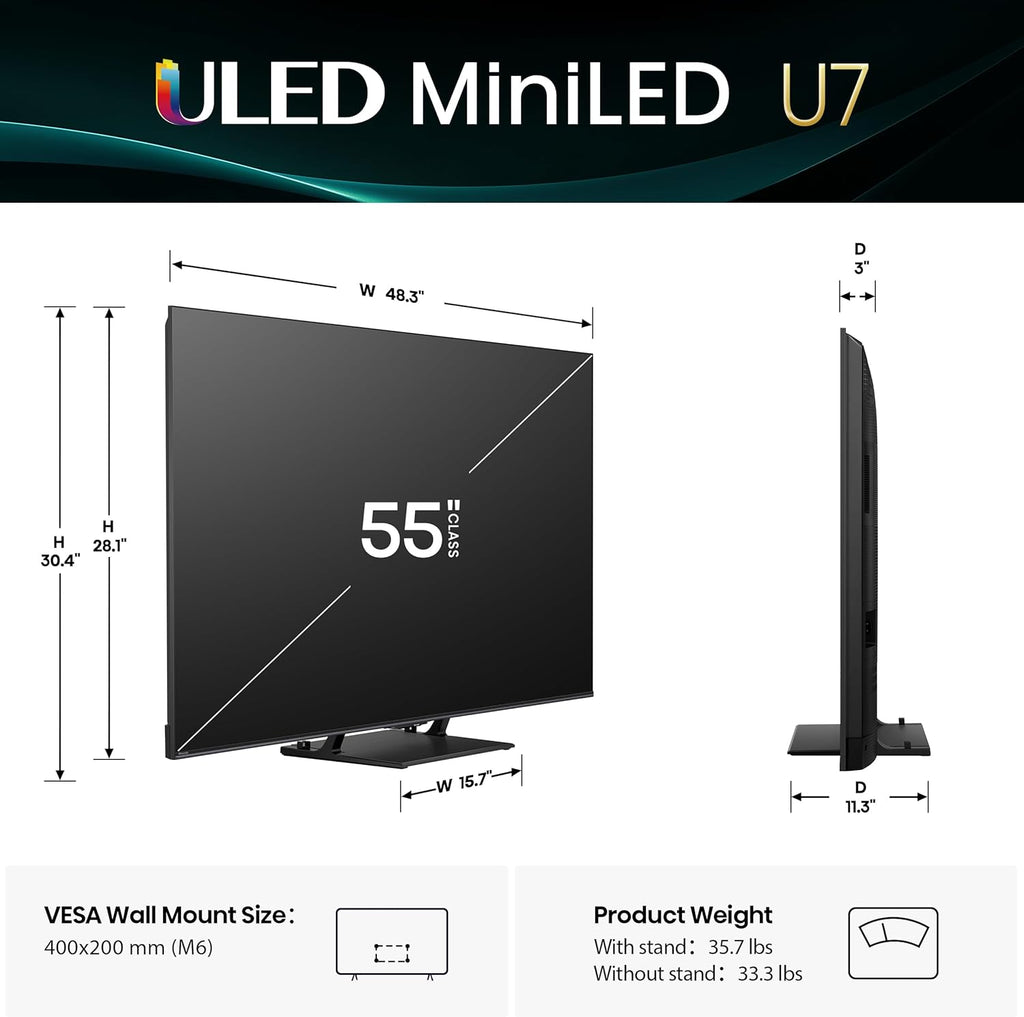 Hisense 55" U7 Mini-LED ULED 4K UHD Best Premium Gaming Google Smart TV (55U75QG  2025 Model) - QLED  Native 165Hz  VRR 288  Up to 3000 Nits  HDR10+  Dolby Vision IQ · Atmos  IMAX Enhanced  2.1.2 Ch