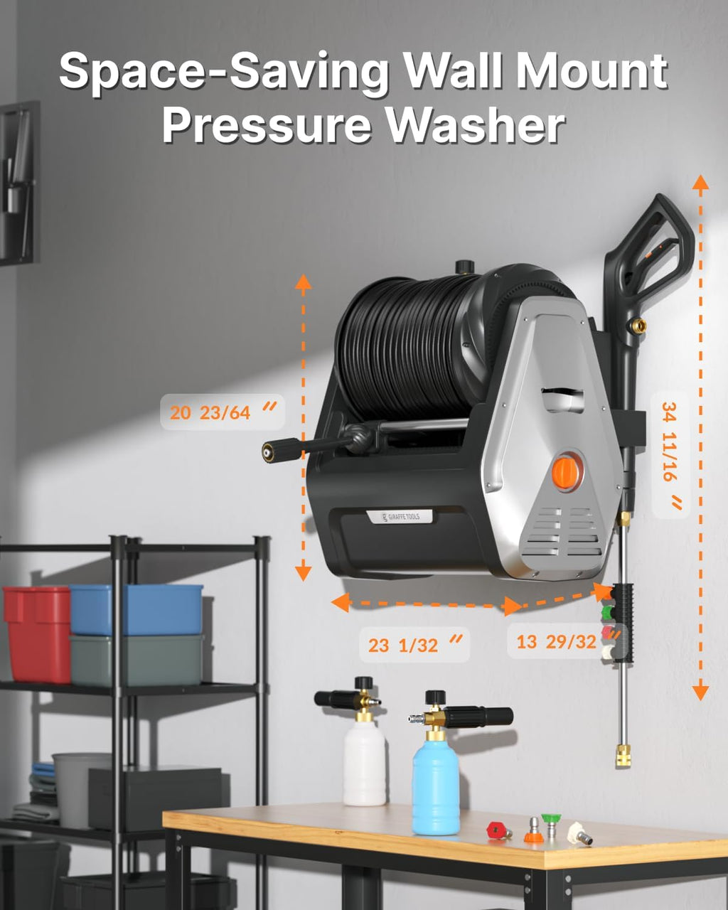 Giraffe Tools Wall Mounted Pressure Washer Essential with Upgraded 1800W Motor  2900 PSI  2.2 GPM Electric Power Washer  Automatic Rewind  100ft Pressure Hoses  5 Nozzles for Floor/Cars/Fences/Patios