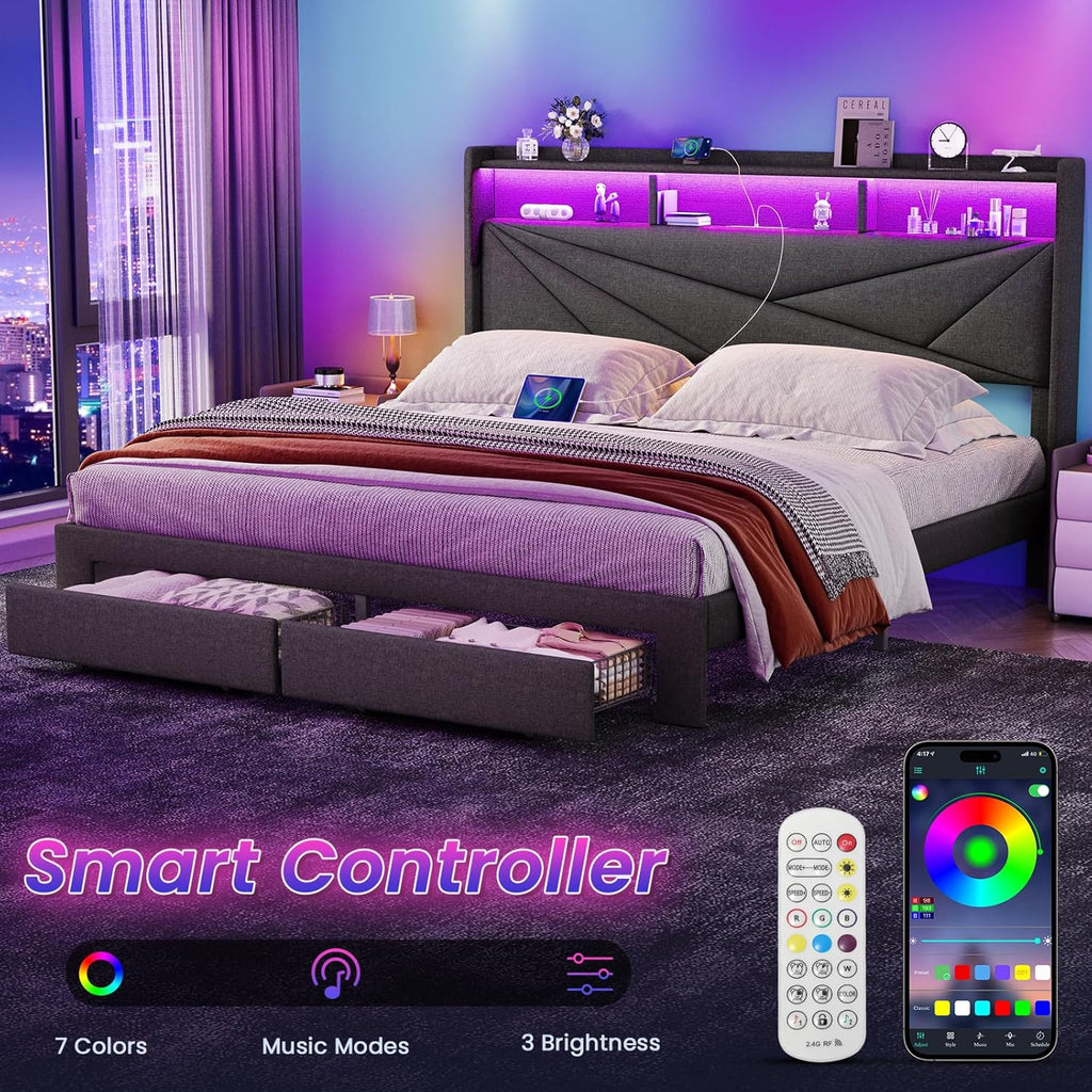 King Size Bed Frame with 2-Tier Storage Headboard, Upholstered King Bed Frame with 2 Drawers, Charging Station and LED Lights, No Box Spring Needed, Easy Assembly - Dark Grey